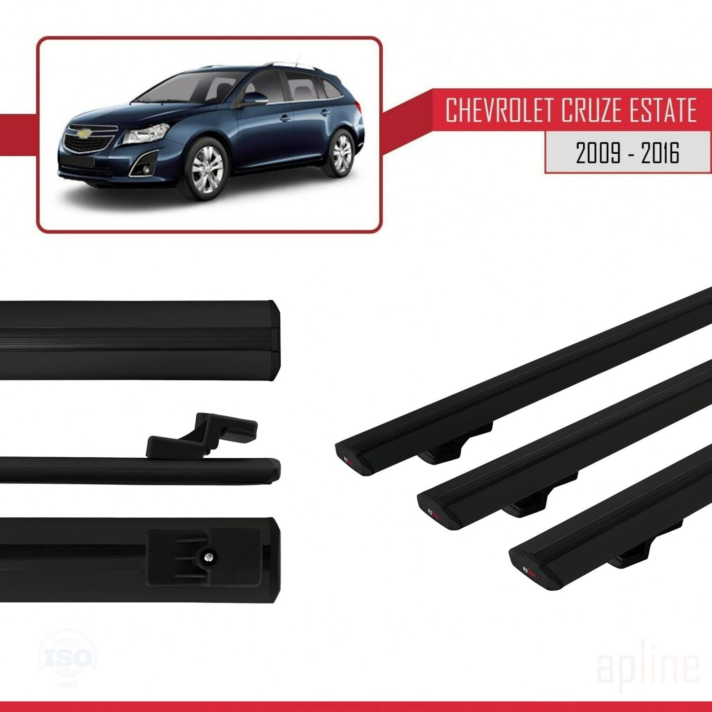 Compatibile con Chevrolet Cruze (J300) modello BASIC 2009-2016 Barre portatutto per auto Portapacchi in alluminio nero 3 barre