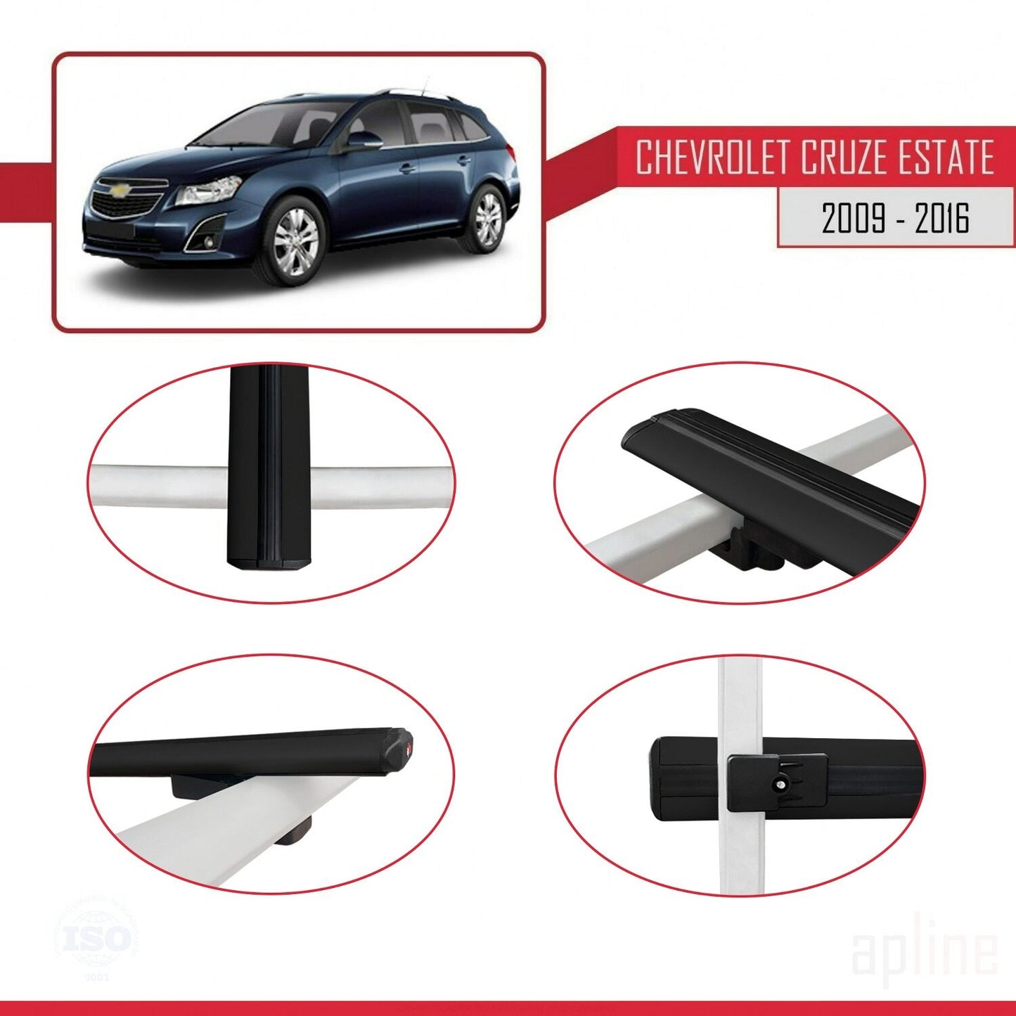 Compatibile con Chevrolet Cruze (J300) modello BASIC 2009-2016 Barre portatutto per auto Portapacchi in alluminio nero 3 barre
