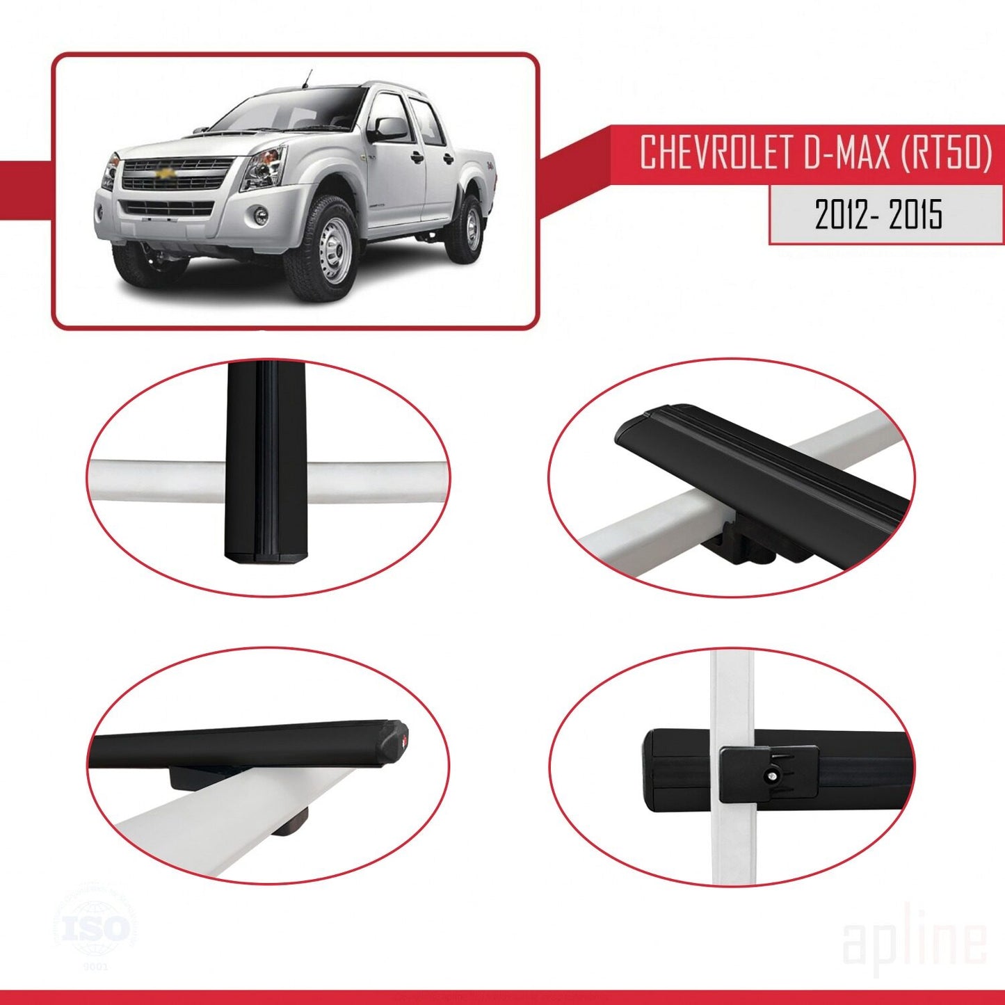 Compatibile con Chevrolet D-Max (RT50) modello BASIC 2012-2015 Barre portatutto per auto Portapacchi in alluminio nero 2 barre