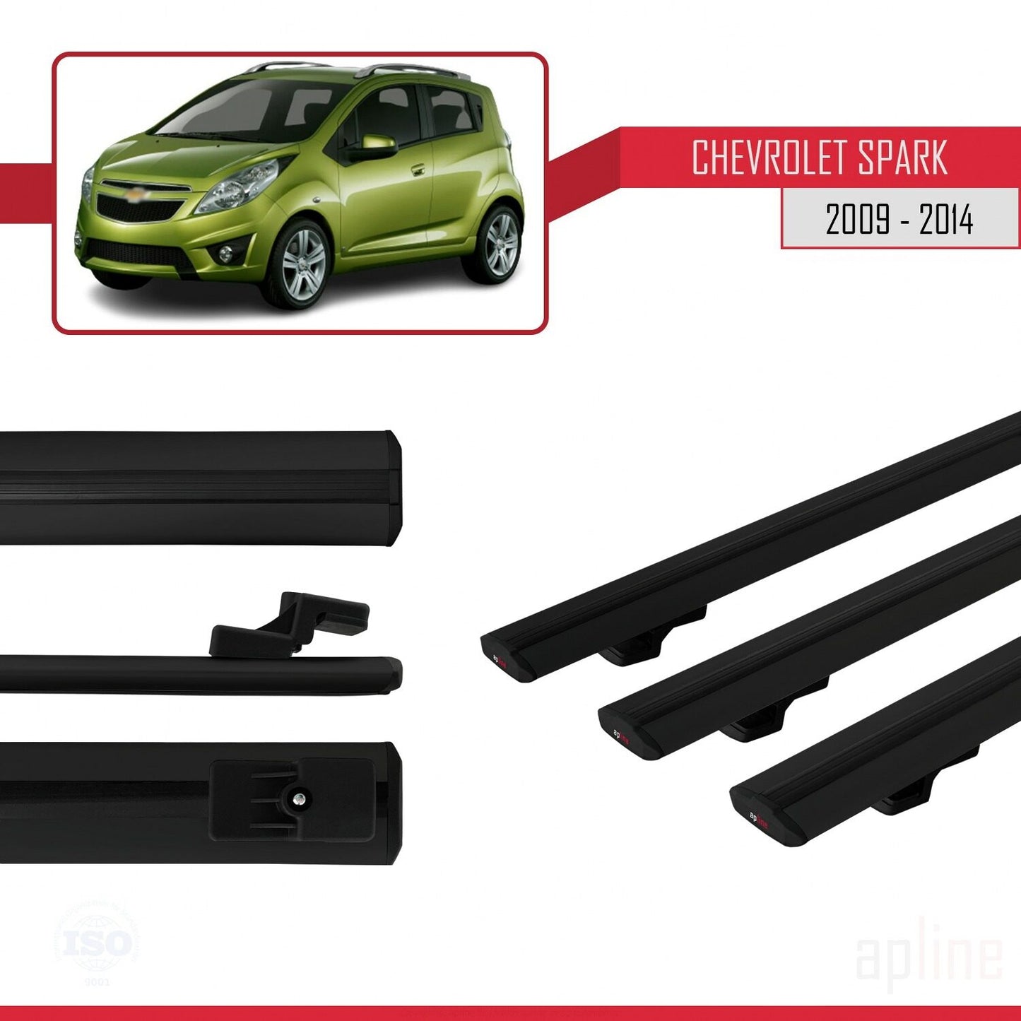 Compatibile con Chevrolet Spark (M300) modello BASIC 2009-2014 Barre portatutto per auto in alluminio nero, 3 barre