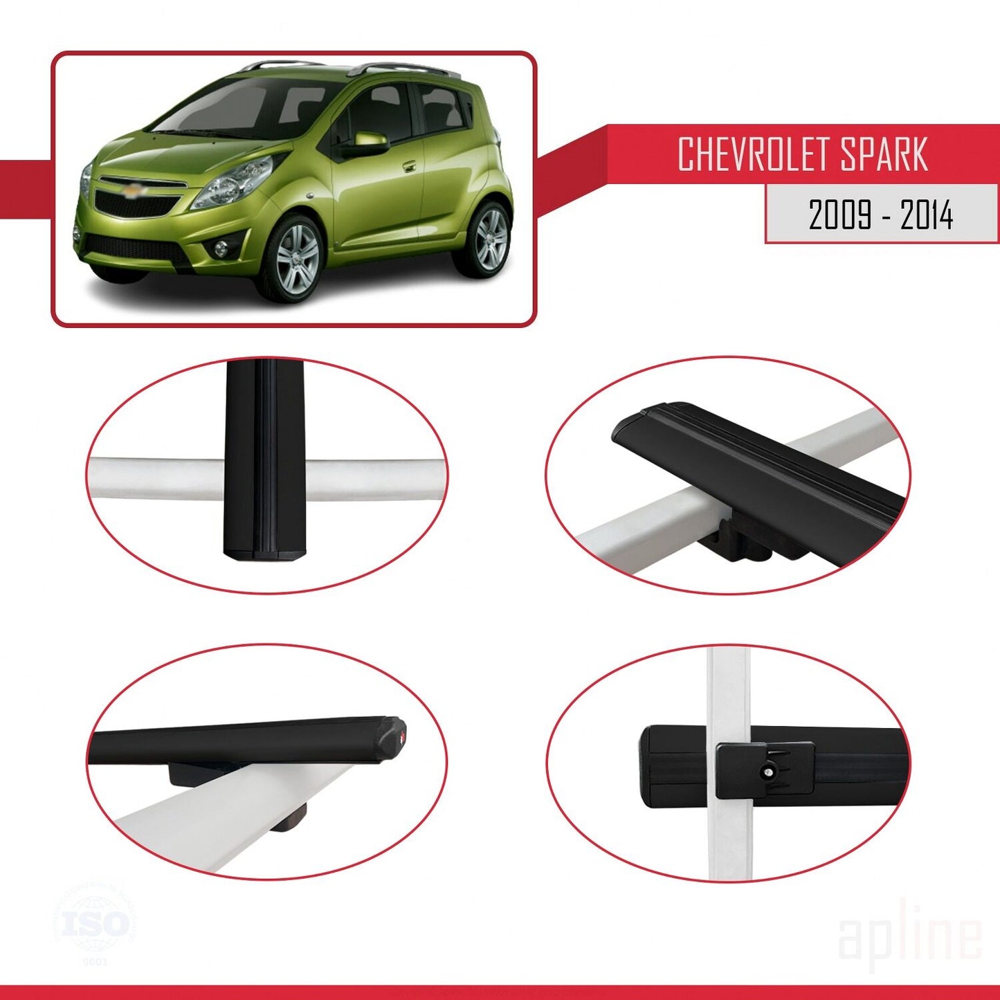 Compatibile con Chevrolet Spark (M300) modello BASIC 2009-2014 Barre portatutto per auto in alluminio nero, 3 barre