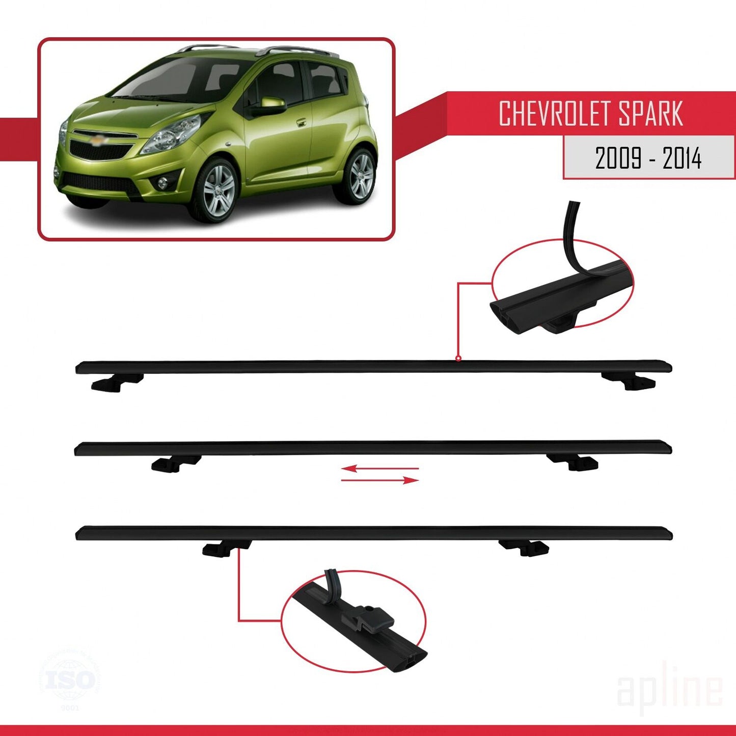 Compatibile con Chevrolet Spark (M300) modello BASIC 2009-2014 Barre portatutto per auto in alluminio nero, 3 barre