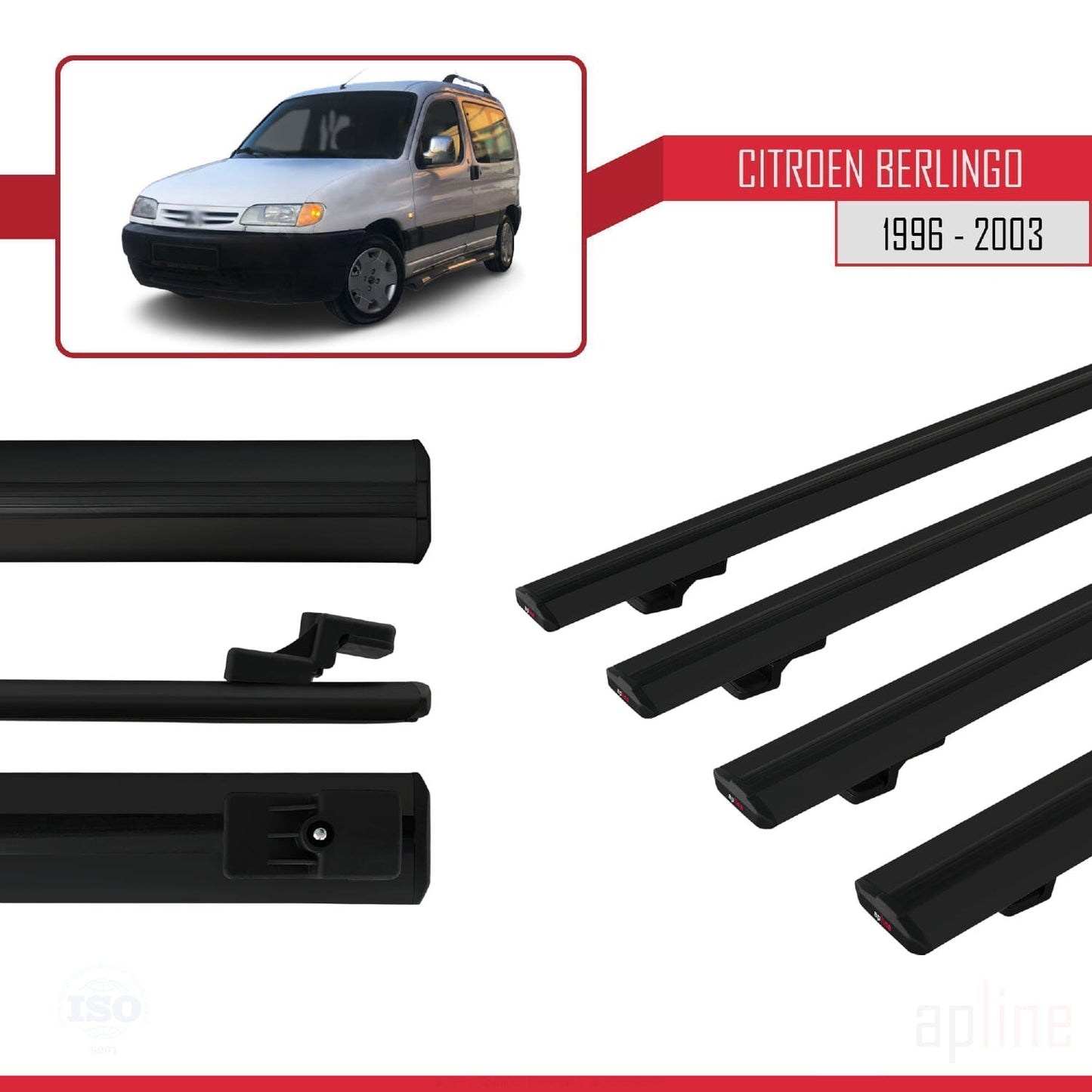 Compatible with Citroen Berlingo (M49) 1996-2003 BASIC Model Car Roof Rack Cross Bar Black Aluminium 4 Bars