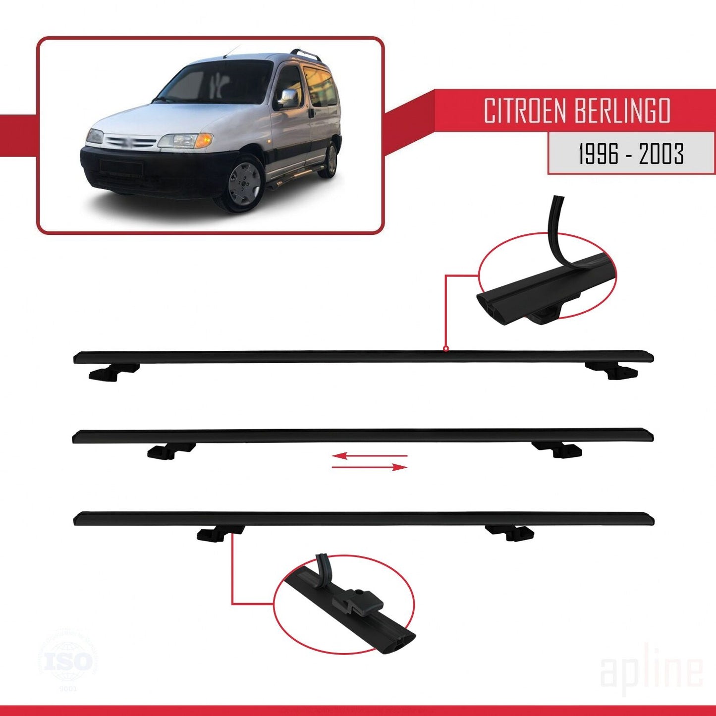 Compatibile con Citroen Berlingo (M49) 1996-2003 modello BASIC Barre portatutto per auto Portapacchi in alluminio nero 2 barre