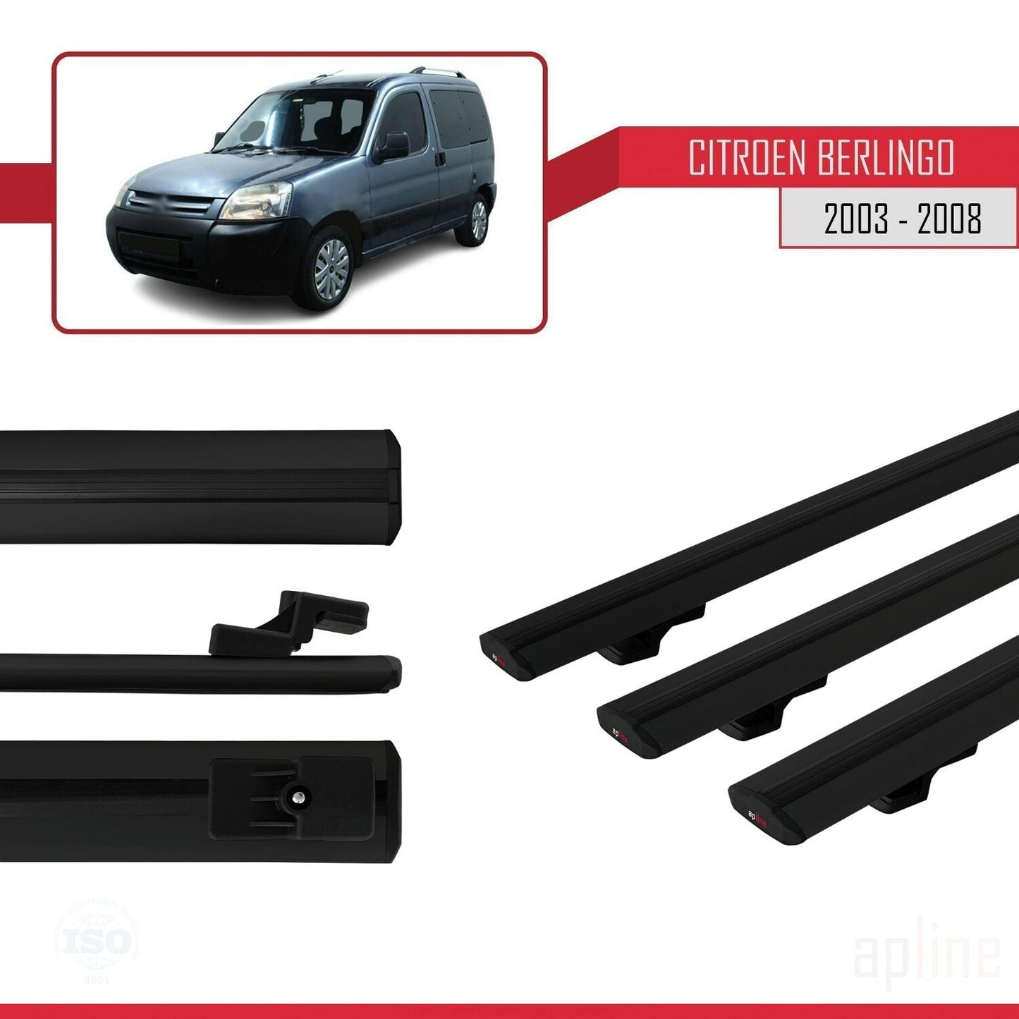 Compatibile con Citroen Berlingo (M59) 2003-2008 modello BASIC Barre portatutto per auto Portapacchi in alluminio nero 3 barre