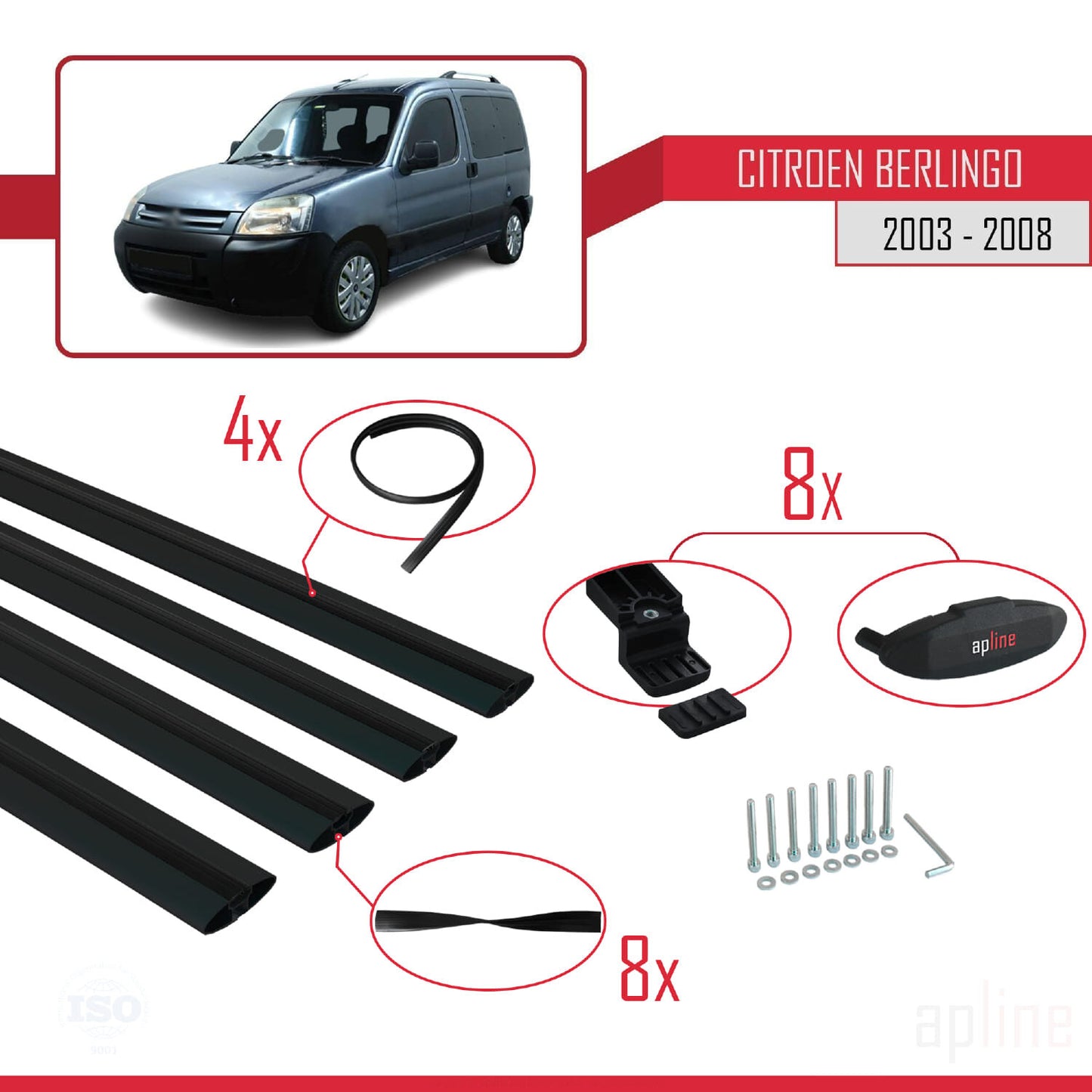 Compatibile con Citroen Berlingo (M59) 2003-2008 modello BASIC Barre portatutto per auto Portapacchi in alluminio nero 4 barre