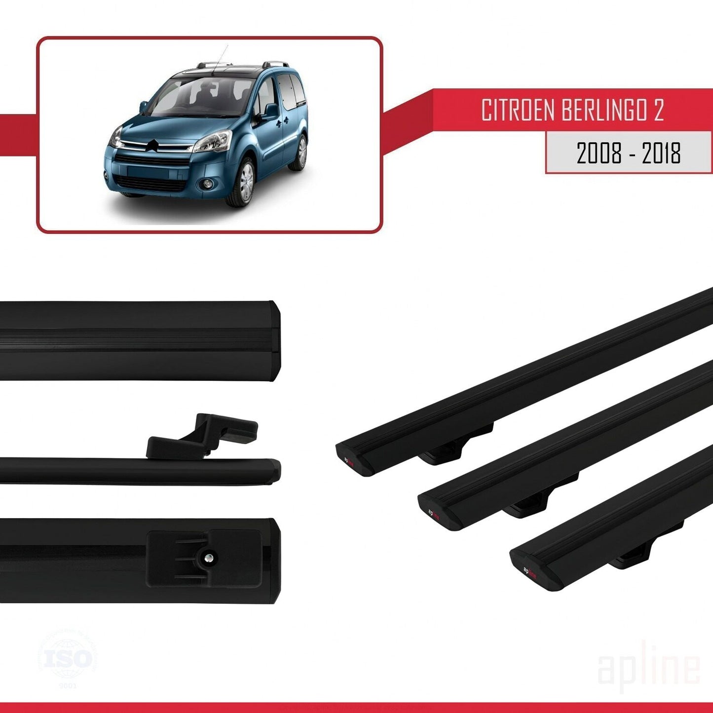 Compatibile con Citroen Berlingo 2 (B9) 2008-2018 modello BASIC Barre portatutto per auto Portapacchi in alluminio nero 3 barre