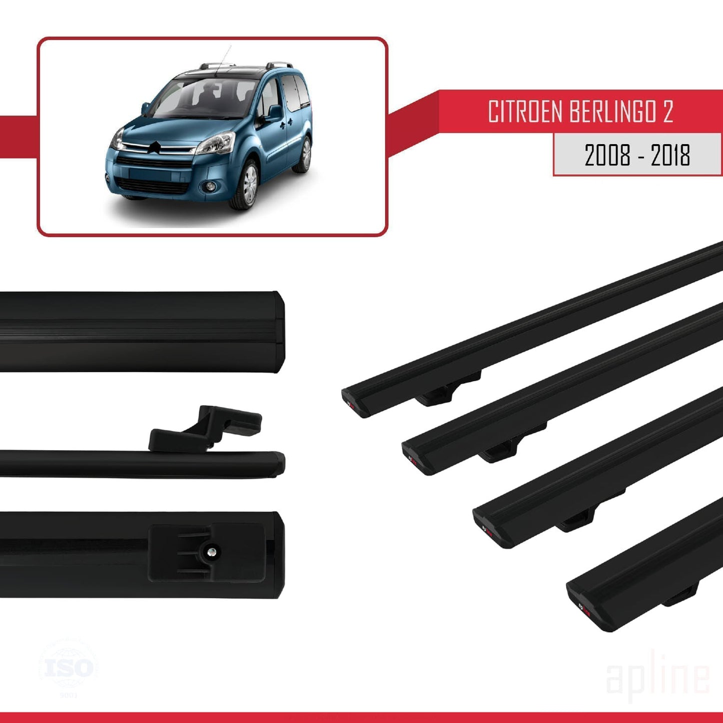 Compatibile con Citroen Berlingo 2 (B9) 2008-2018 modello BASIC Barre portatutto per auto Portapacchi in alluminio nero 4 barre