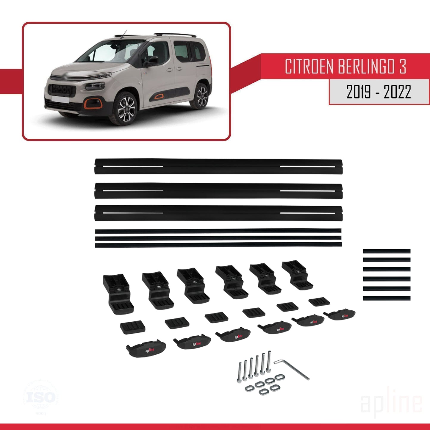 Compatibile con Citroen Berlingo 3 (K9) 2019-2022 modello BASIC Barre portatutto per auto Portapacchi in alluminio nero 3 barre