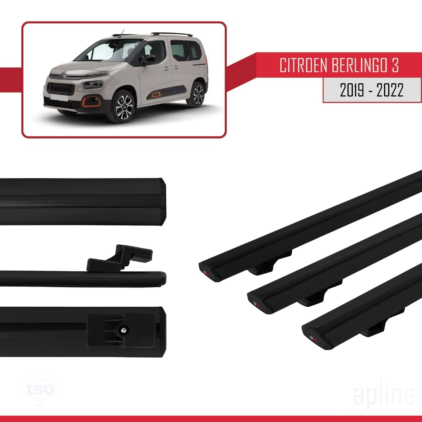 Compatibile con Citroen Berlingo 3 (K9) 2019-2022 modello BASIC Barre portatutto per auto Portapacchi in alluminio nero 3 barre