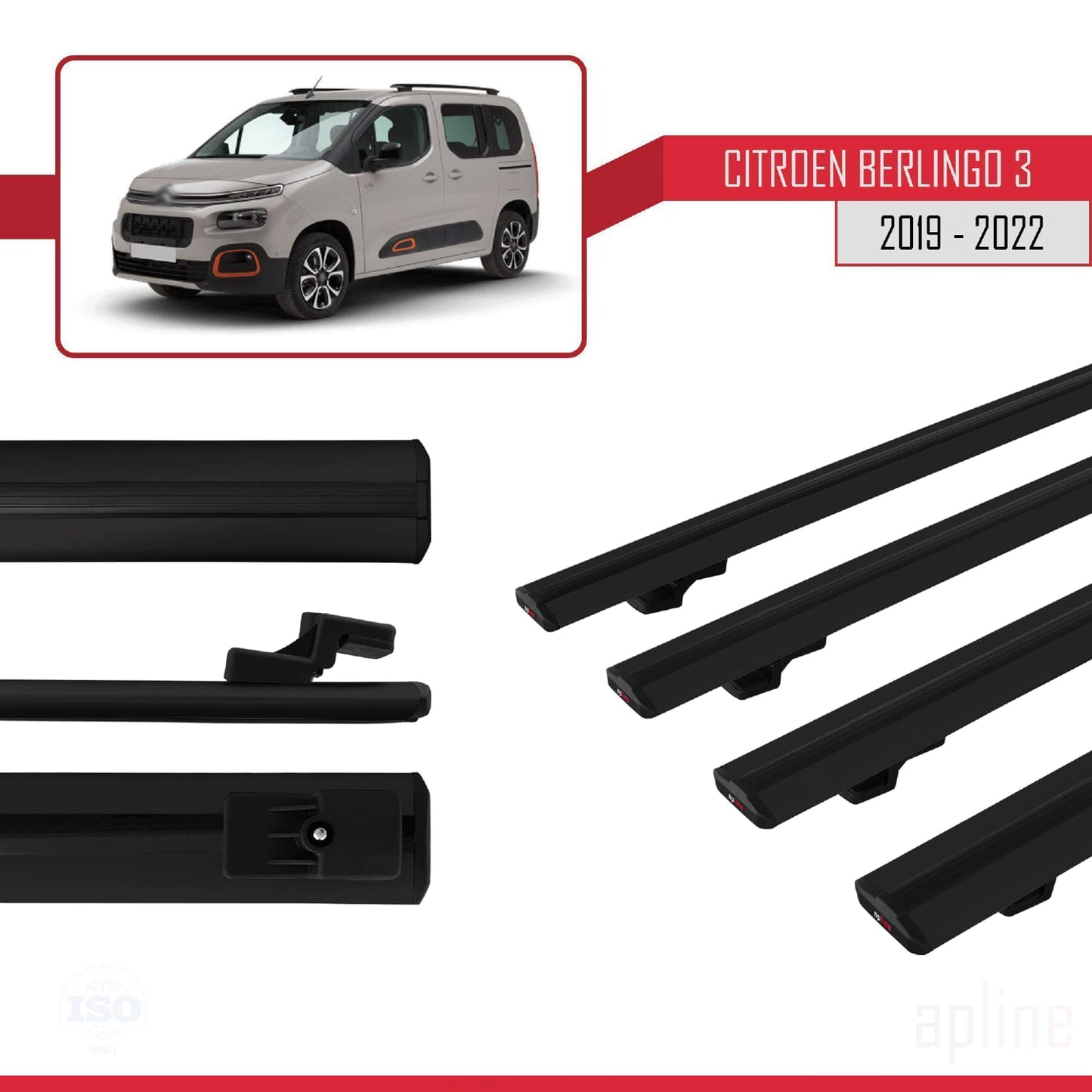 Compatibile con Citroen Berlingo 3 (K9) 2019-2022 modello BASIC Barre portatutto per auto Portapacchi in alluminio nero 4 barre