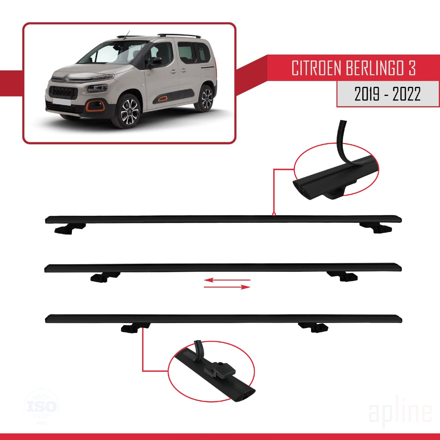 Compatibile con Citroen Berlingo 3 (K9) 2019-2022 modello BASIC Barre portatutto per auto Portapacchi in alluminio nero 4 barre