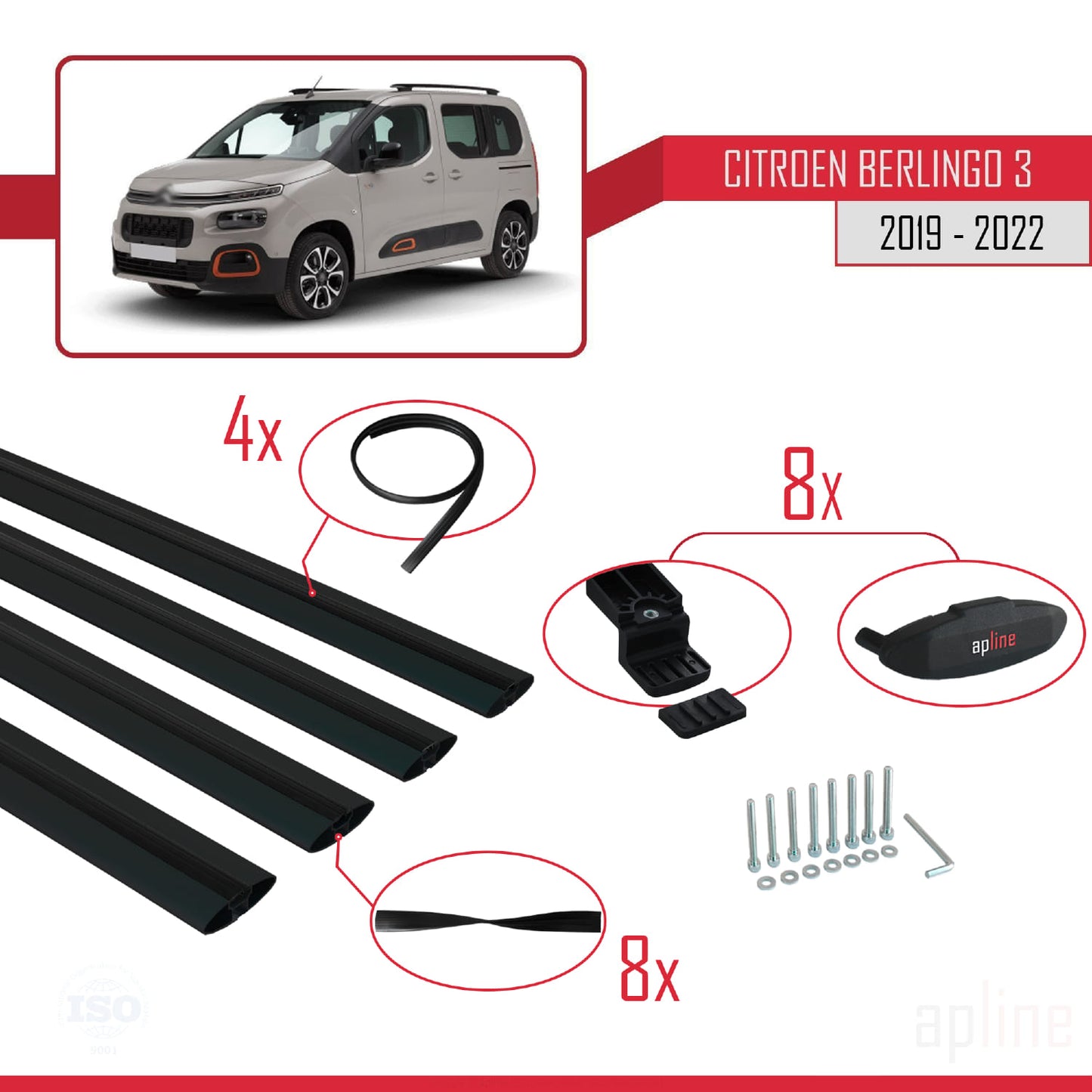 Compatibile con Citroen Berlingo 3 (K9) 2019-2022 modello BASIC Barre portatutto per auto Portapacchi in alluminio nero 4 barre