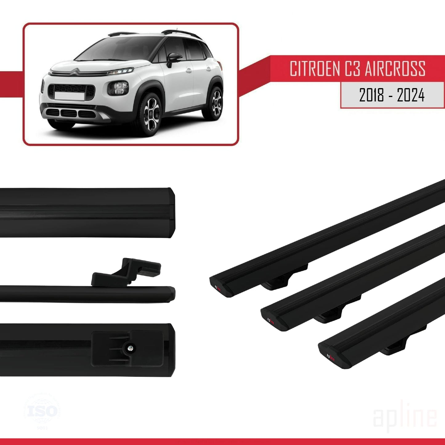 Compatibile con Citroen C3 Aircross (A88) 2018-2024 modello BASIC Barre portatutto per auto Portapacchi in alluminio nero 3 barre