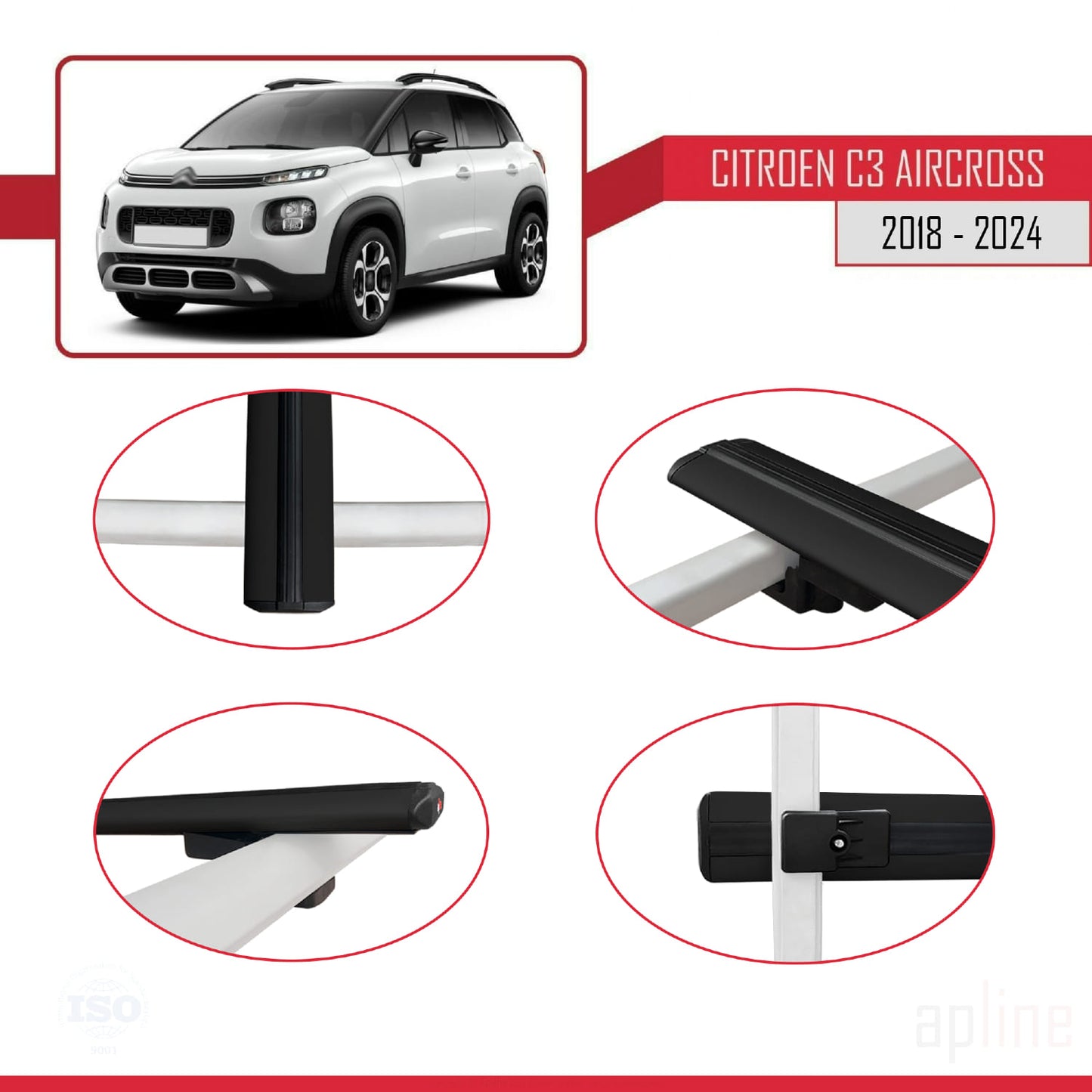 Compatibile con Citroen C3 Aircross (A88) 2018-2024 modello BASIC Barre portatutto per auto Portapacchi in alluminio nero 3 barre