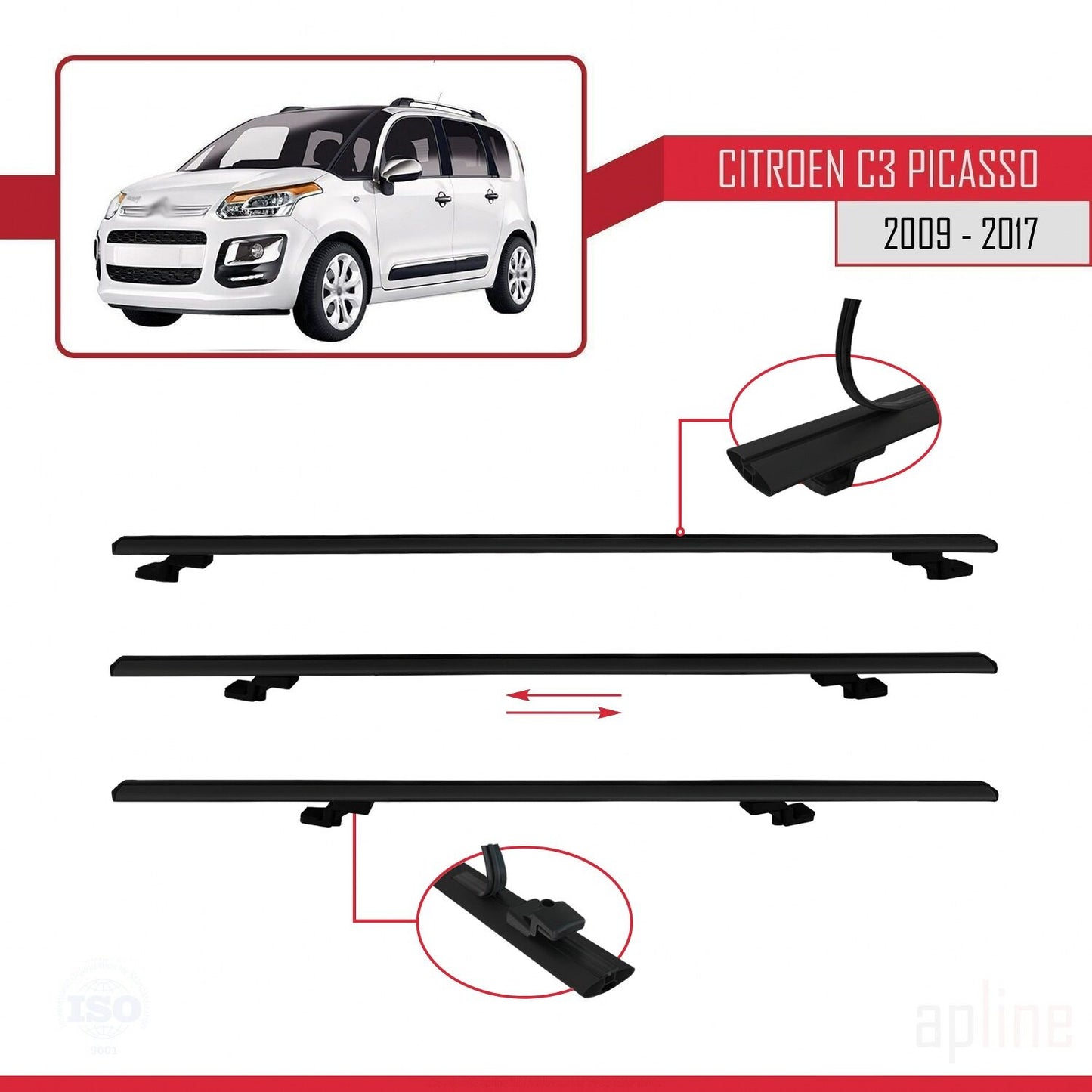 Compatibile con Citroen C3 Picasso 2009-2017 modello BASIC Barre portatutto per auto Portapacchi in alluminio nero 2 barre