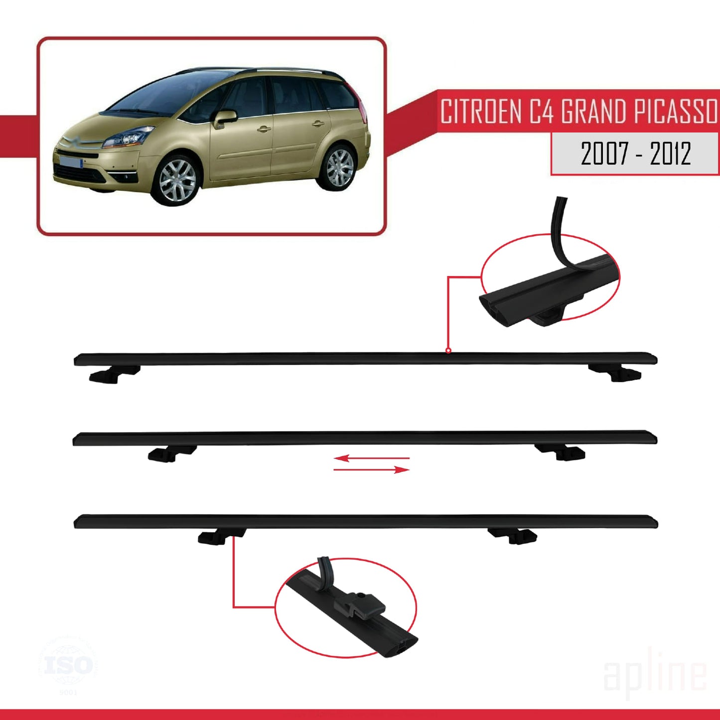 Compatibile con Citroen Grand C4 Picasso 2007-2012 modello BASIC Barre portatutto per auto Portapacchi in alluminio nero 2 barre