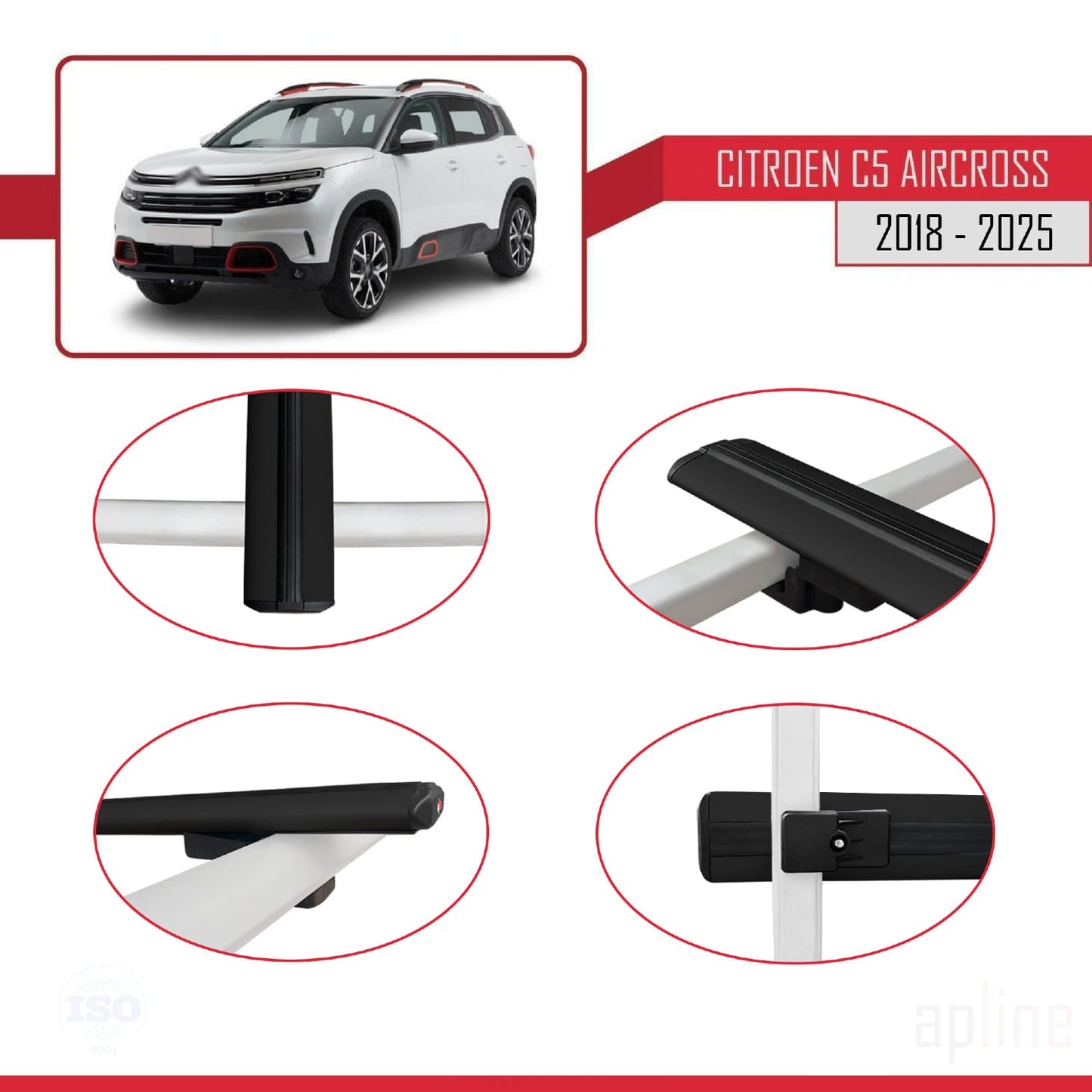 Compatibile con Citroen C5 Aircross 2018-2025 modello BASIC Barre portatutto per auto Portapacchi in alluminio nero 2 barre
