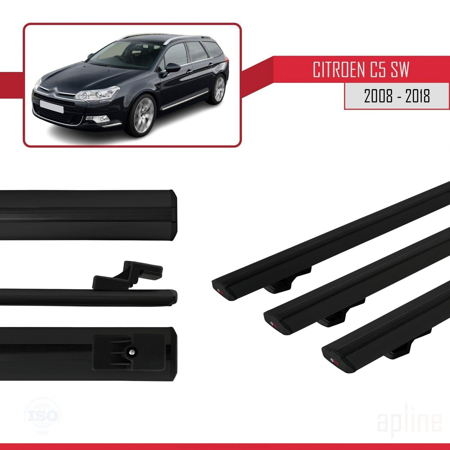 Compatibile con Citroen C5 II Tourer 2008-2018 modello BASIC Barre portatutto per auto Portapacchi in alluminio nero 3 barre
