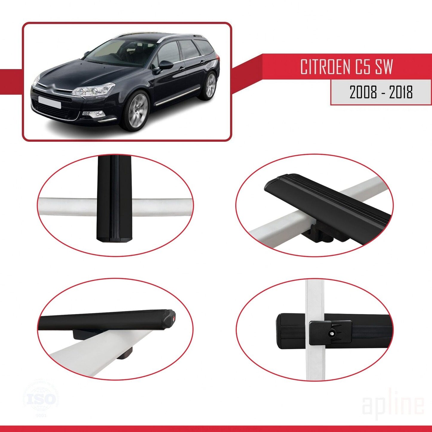 Compatibile con Citroen C5 II Tourer 2008-2018 modello BASIC Barre portatutto per auto Portapacchi in alluminio nero 2 barre