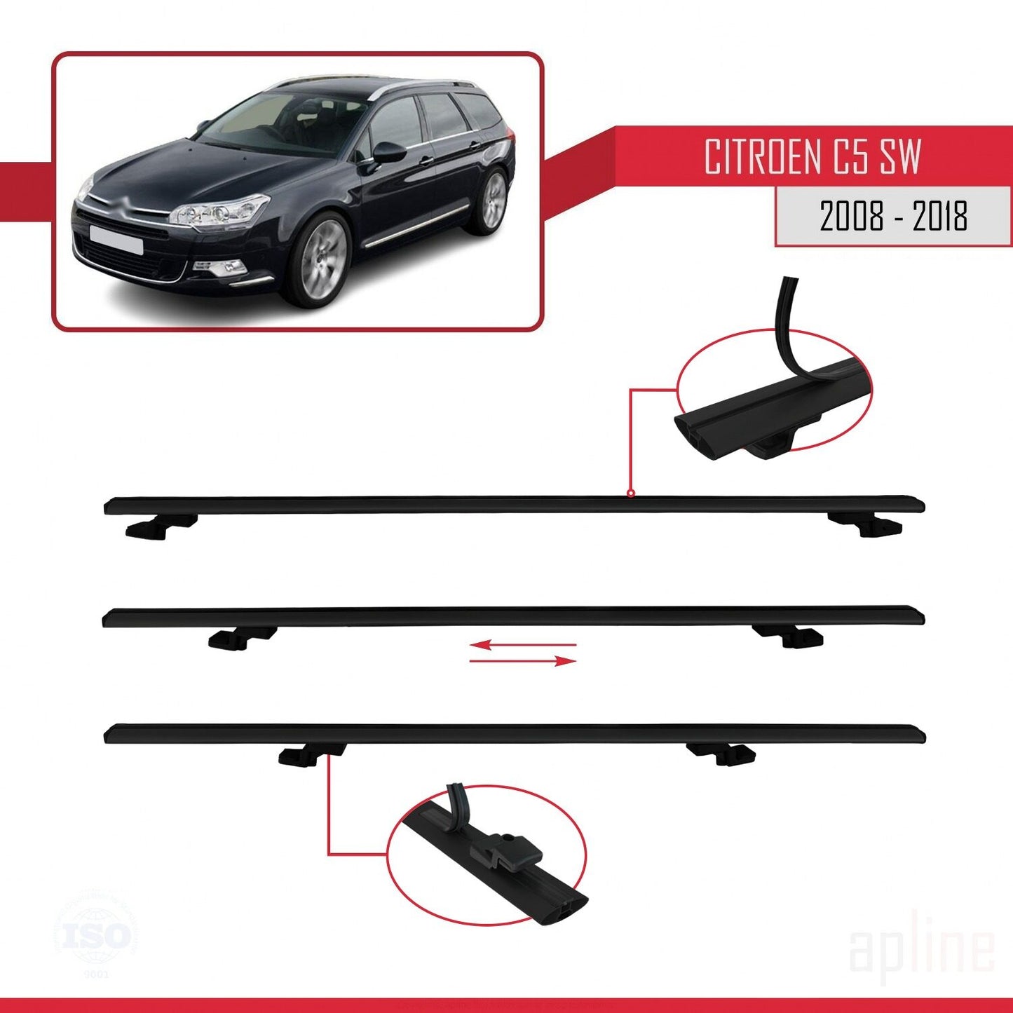 Compatibile con Citroen C5 II Tourer 2008-2018 modello BASIC Barre portatutto per auto Portapacchi in alluminio nero 2 barre