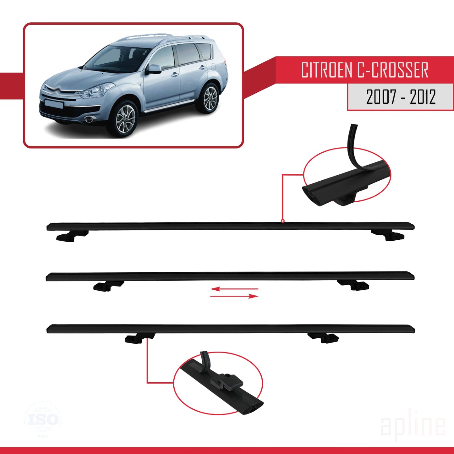 Compatibile con Citroen C-Crosser 2007-2012 modello BASIC Barre portatutto per auto Portapacchi in alluminio nero 3 barre