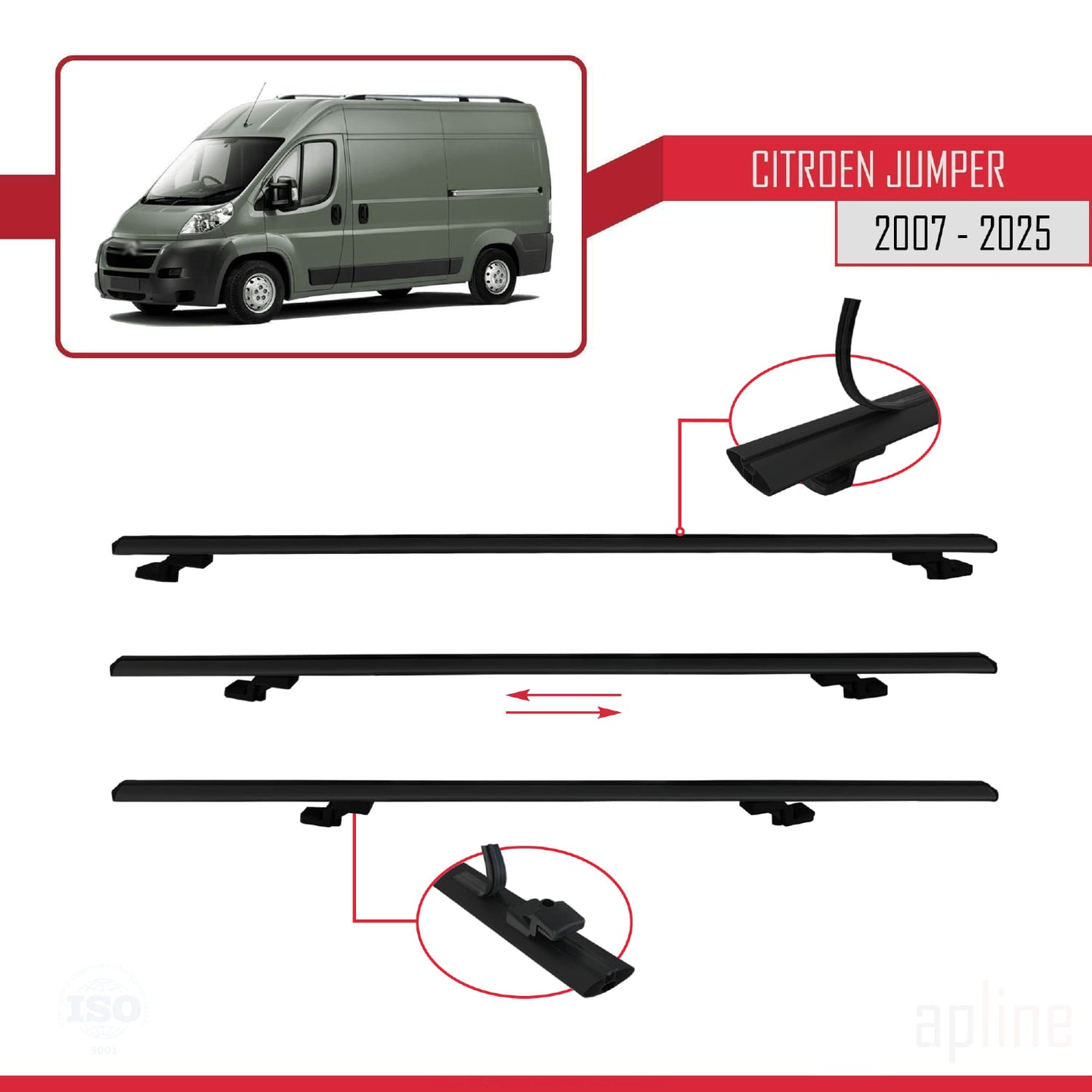 Compatibile con Citroen Jumper 2 2007-2025 modello BASIC Barre portatutto per auto Portapacchi in alluminio nero 3 barre