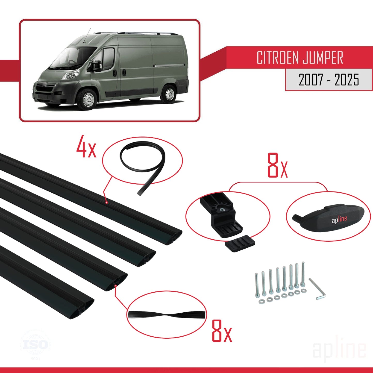 Compatibile con Citroen Jumper 2 2007-2025 modello BASIC Barre portatutto per auto Portapacchi in alluminio nero 4 barre