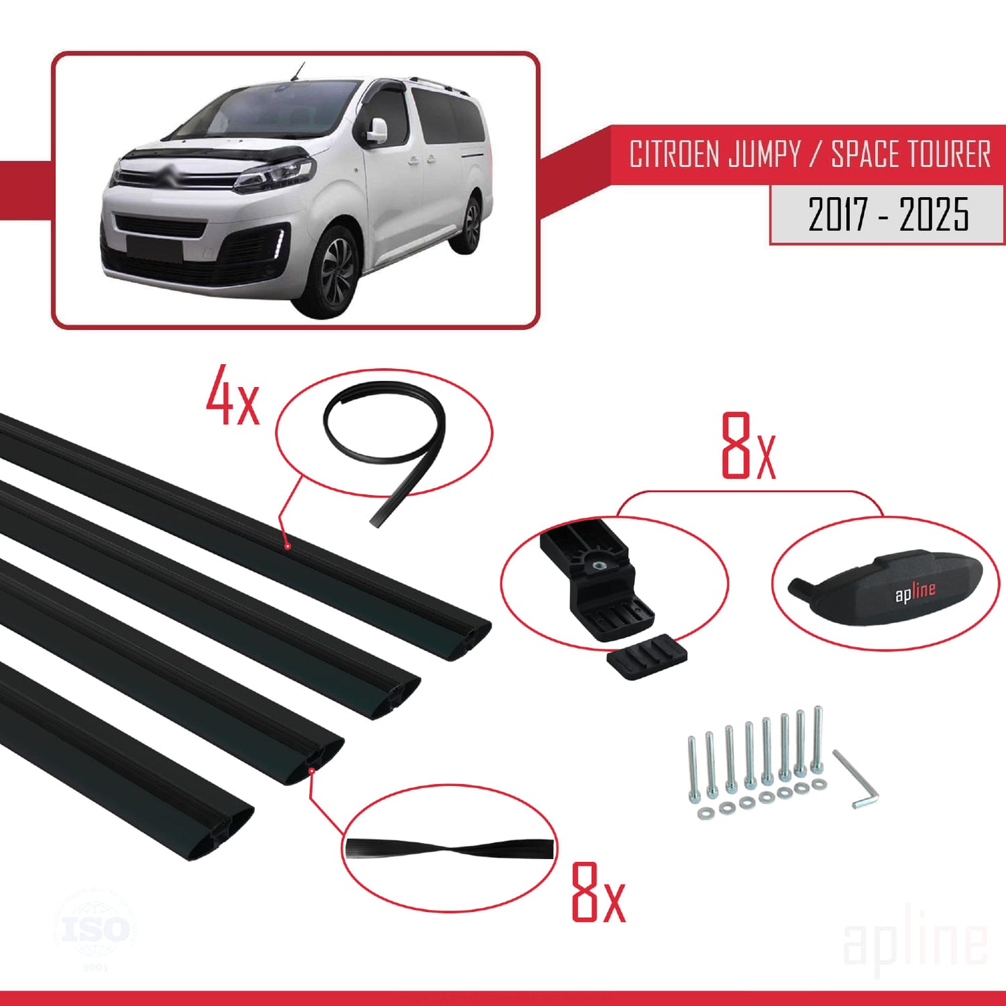 Compatibile con Citroen Jumpy 3 (K0) Space Tourer 2017-2025 modello BASIC Barre portatutto per auto Portapacchi in alluminio nero 4 barre