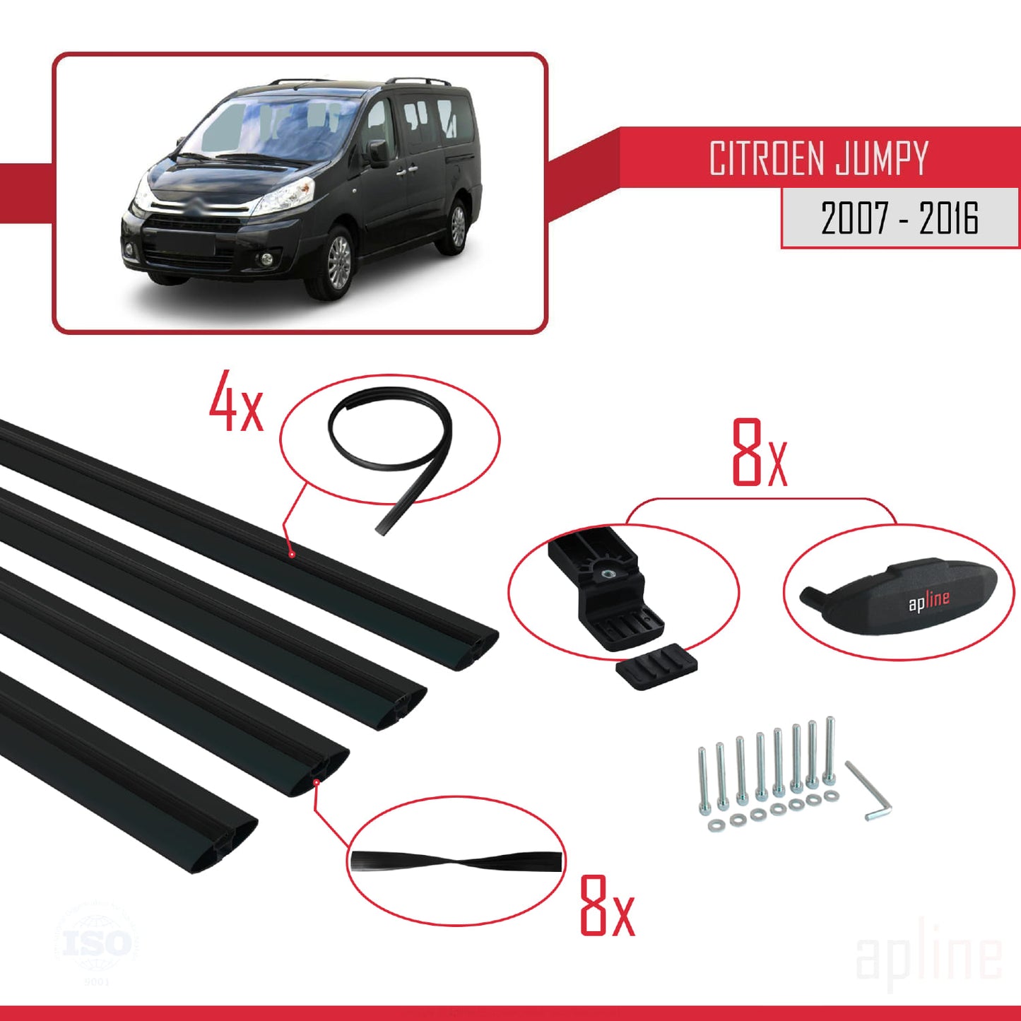 Compatibile con Citroen Jumpy 2 (G9) 2007-2016 modello BASIC Barre portatutto per auto Portapacchi in alluminio nero 4 barre