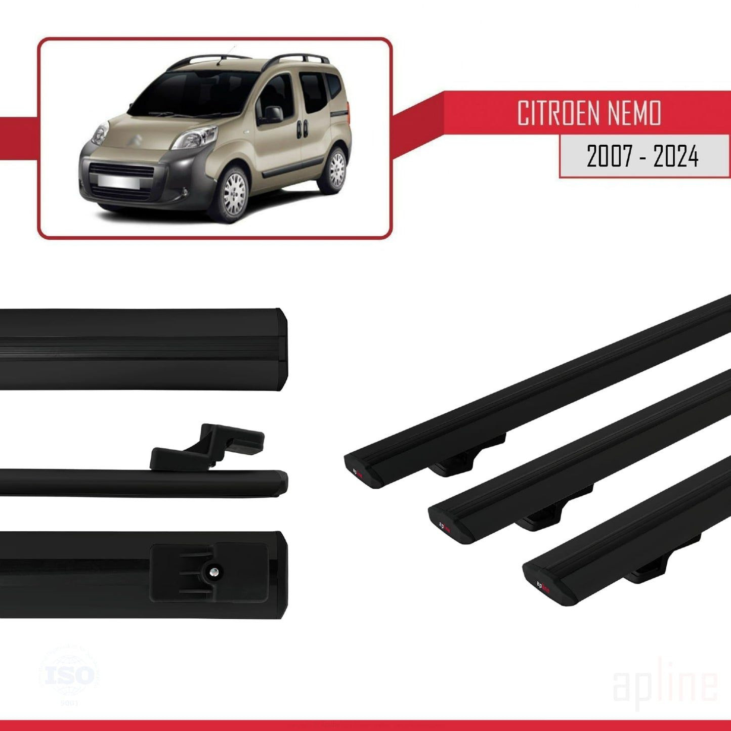 Compatibile con Citroen Nemo 3 (225) 2007-2024 modello BASIC Barre portatutto per auto Portapacchi in alluminio nero 3 barre