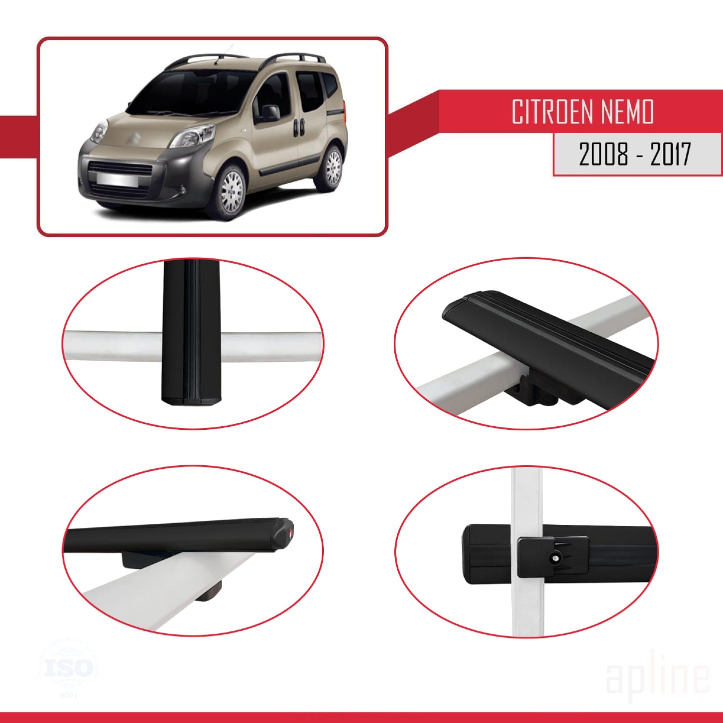 Compatibile con Citroen Nemo 3 (225) 2007-2024 modello BASIC Barre portatutto per auto Portapacchi in alluminio nero 4 barre