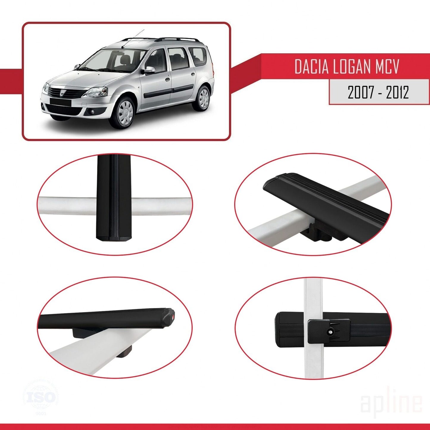 Compatibile con Dacia Logan 2 MCV (K52) 2007-2012 modello BASIC Barre portatutto per auto Portapacchi in alluminio nero 3 barre