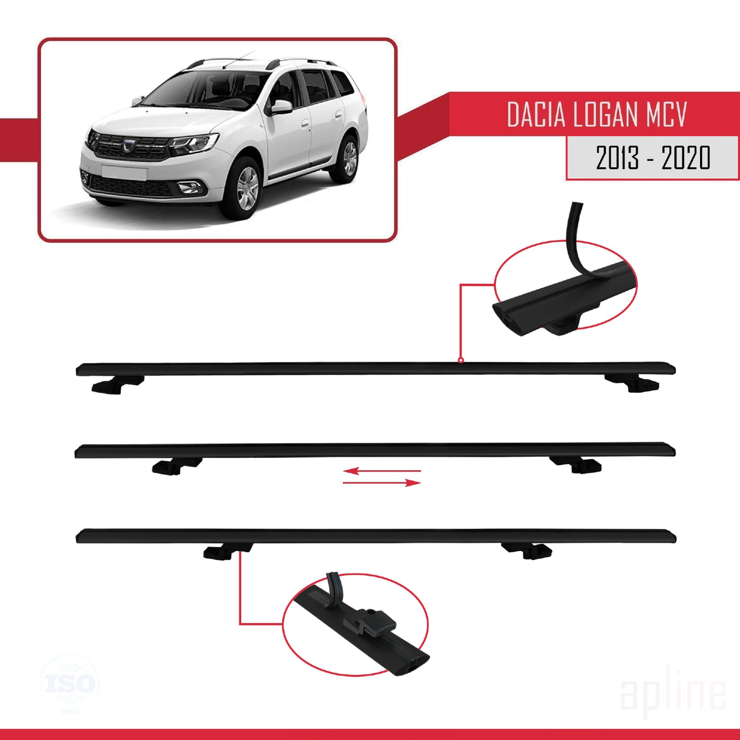 Compatibile con Dacia Logan 2 MCV (K52) 2013-2020 modello BASIC Barre portatutto per auto Portapacchi in alluminio nero 3 barre
