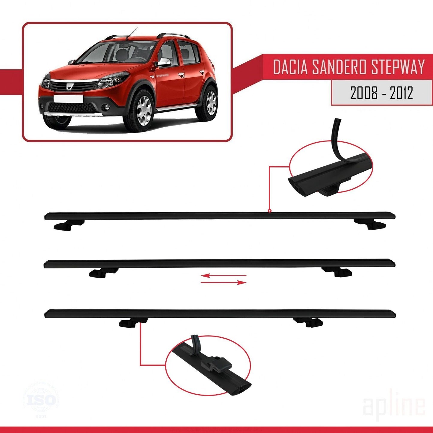 Compatibile con Dacia Sandero Stepway 2008-2012 modello BASIC Barre portatutto per auto Portapacchi in alluminio nero 3 barre