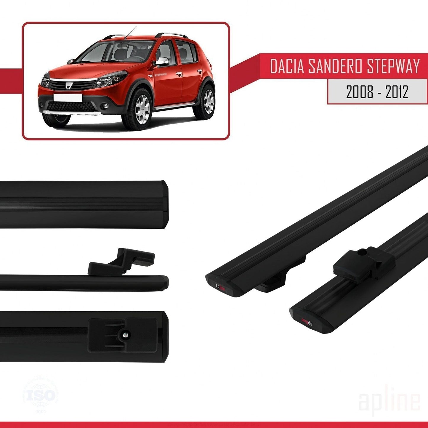 Kompatibel mit Dacia Sandero Stepway 2008-2012 Basismodell Dachgepäckträger, schwarzes Aluminium, 2 Stangen