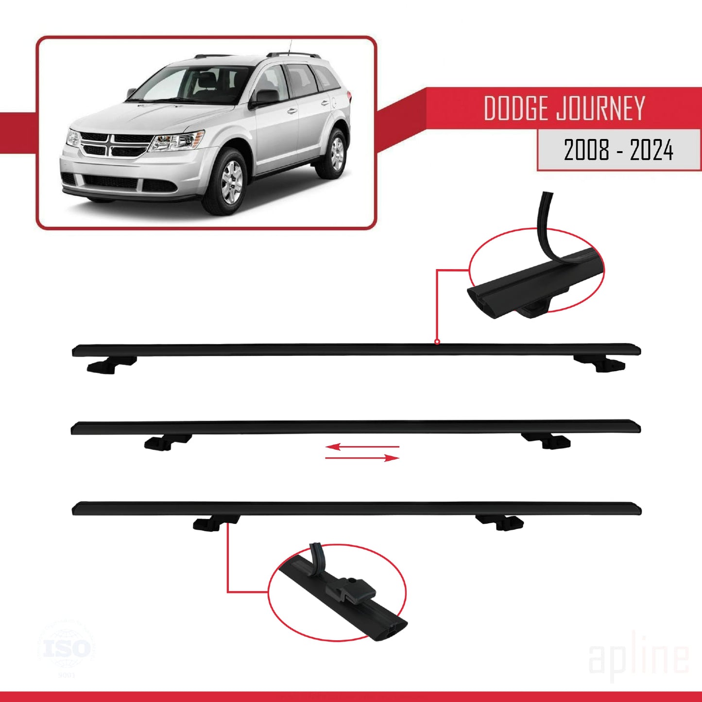 Compatible avec Dodge Journey 2008-2024 BASIC Model Barres de Toit Railing Porte-Bagages de Voiture Noir Aluminium 2 Barres