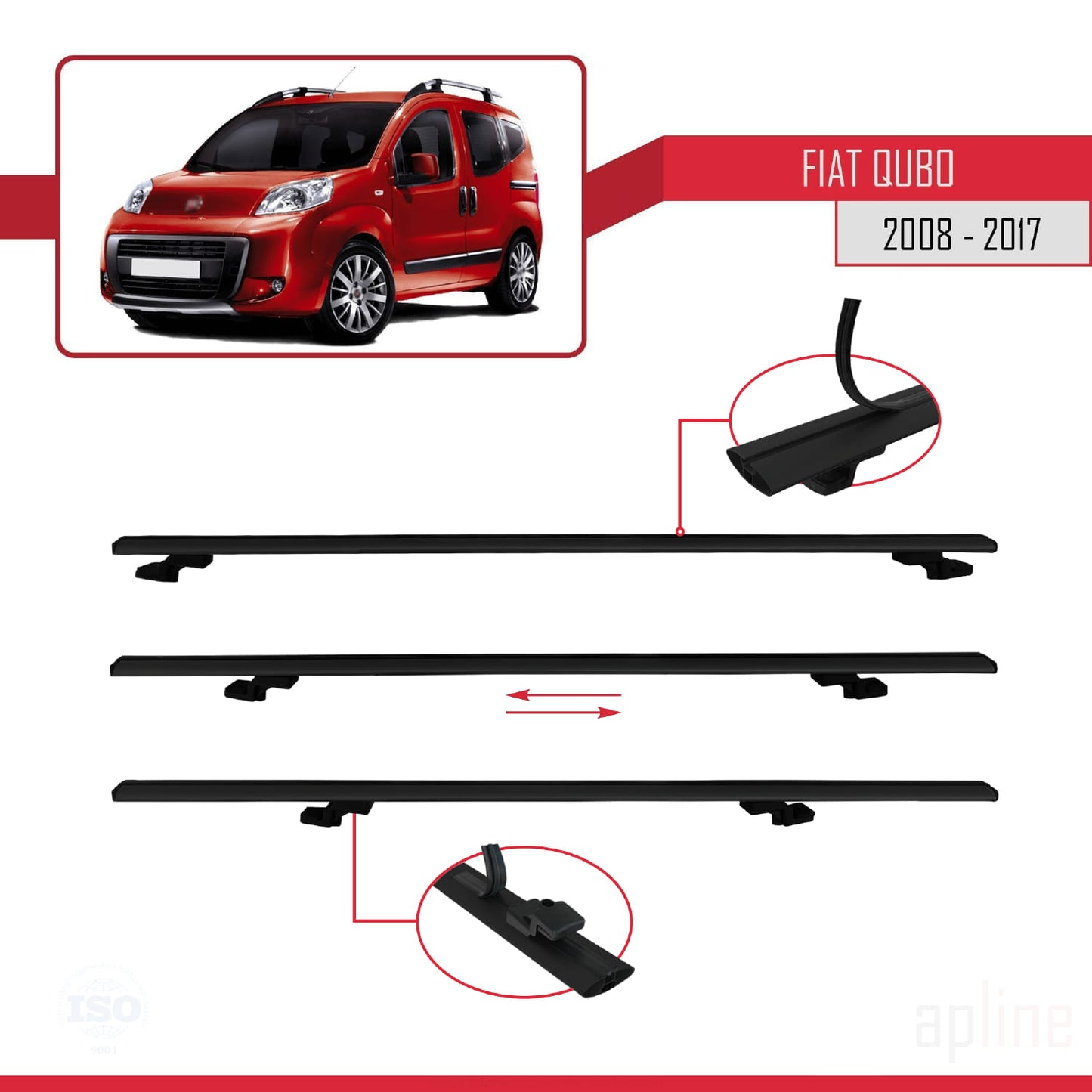 Kompatibel mit Fiat Qubo 2008-2017 Basismodell Dachgepäckträger, schwarzes Aluminium, 3 Stangen