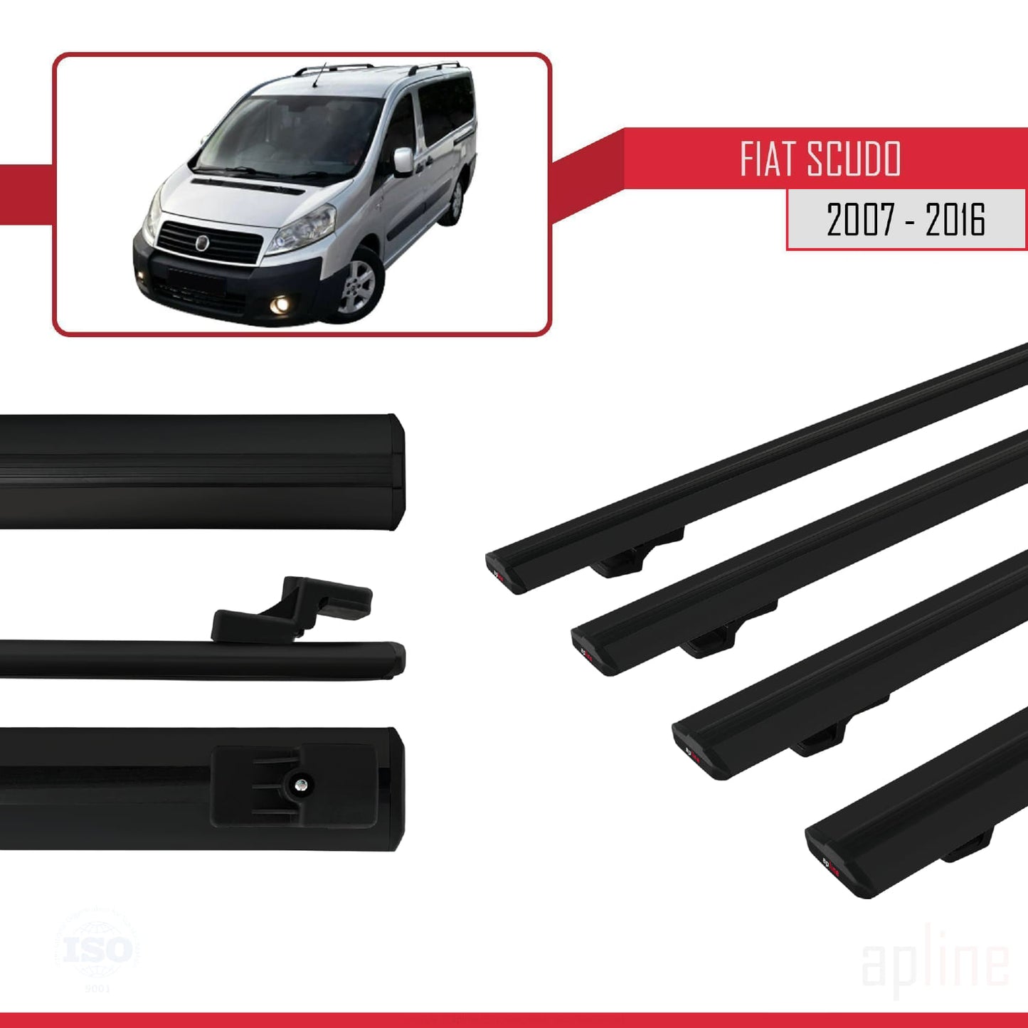 Kompatibel mit Fiat Scudo 2 2007-2016 Basismodell Dachgepäckträger, schwarzes Aluminium, 4 Stangen