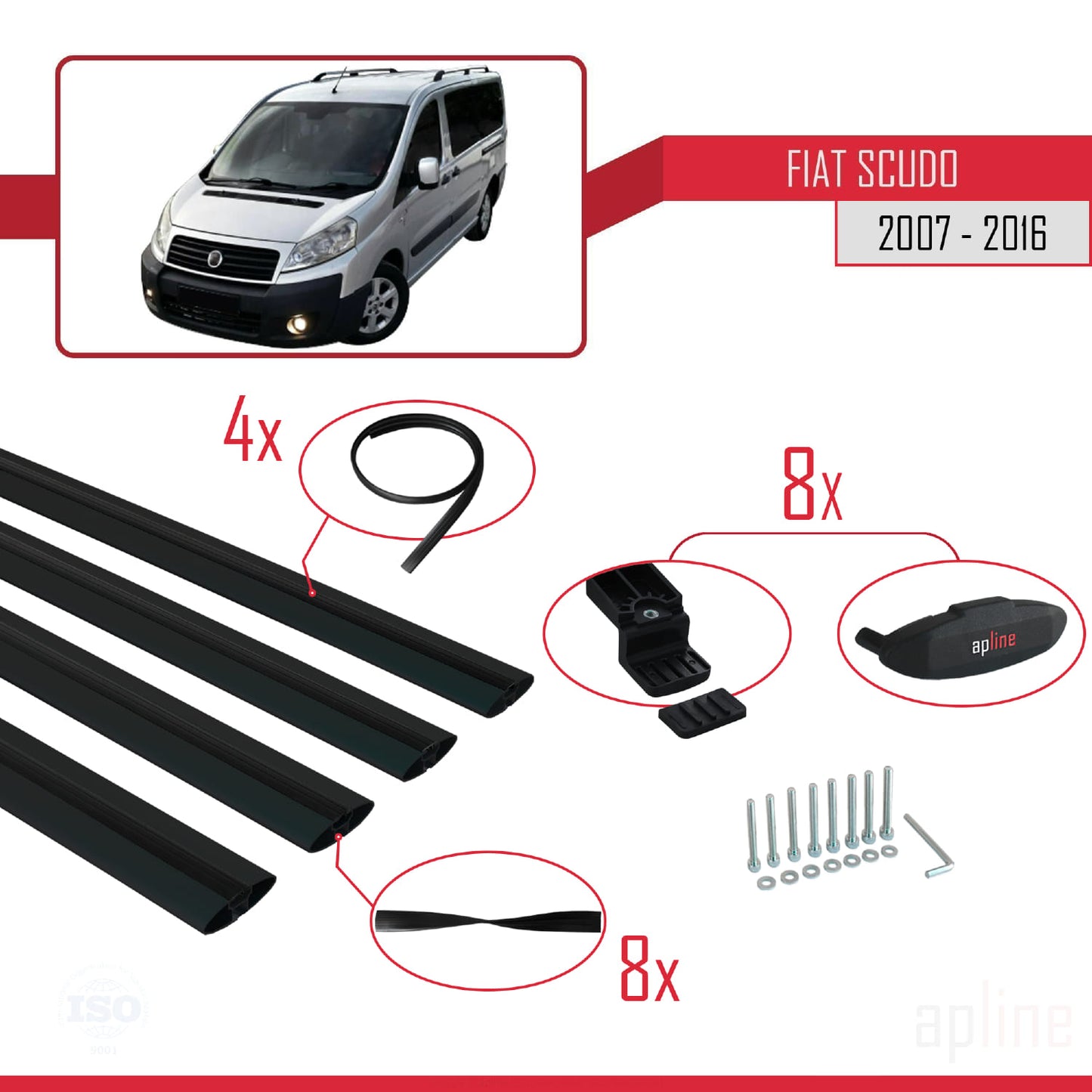 Kompatibel mit Fiat Scudo 2 2007-2016 Basismodell Dachgepäckträger, schwarzes Aluminium, 4 Stangen