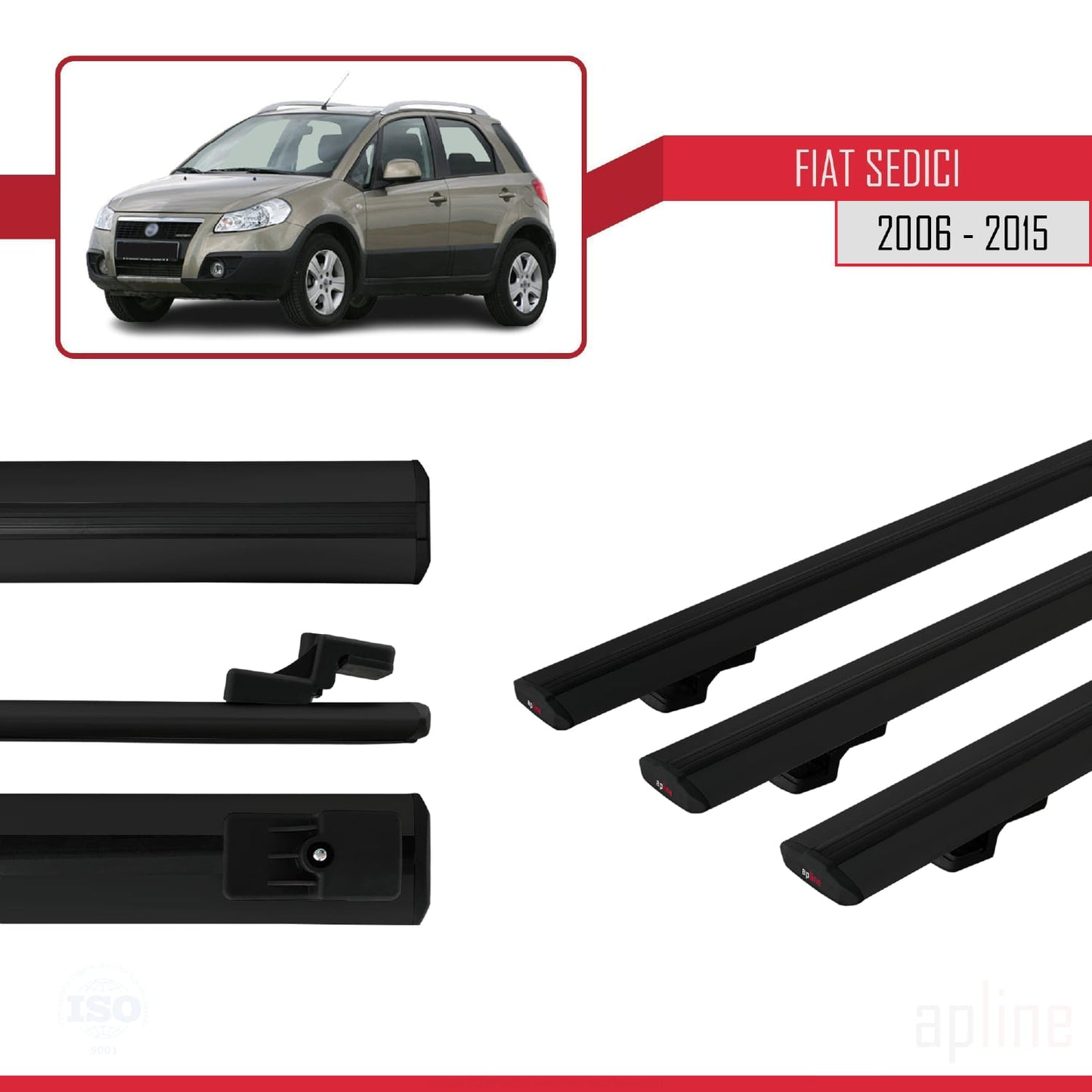 Compatible avec Fiat Sedici 2006-2015 BASIC Model Barres de Toit Railing Porte-Bagages de Voiture Noir Aluminium 3 Barres