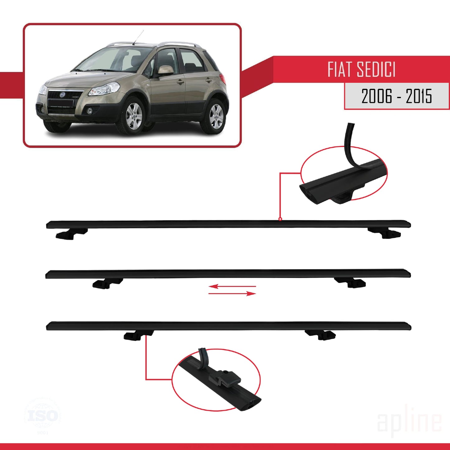 Compatible avec Fiat Sedici 2006-2015 BASIC Model Barres de Toit Railing Porte-Bagages de Voiture Noir Aluminium 3 Barres