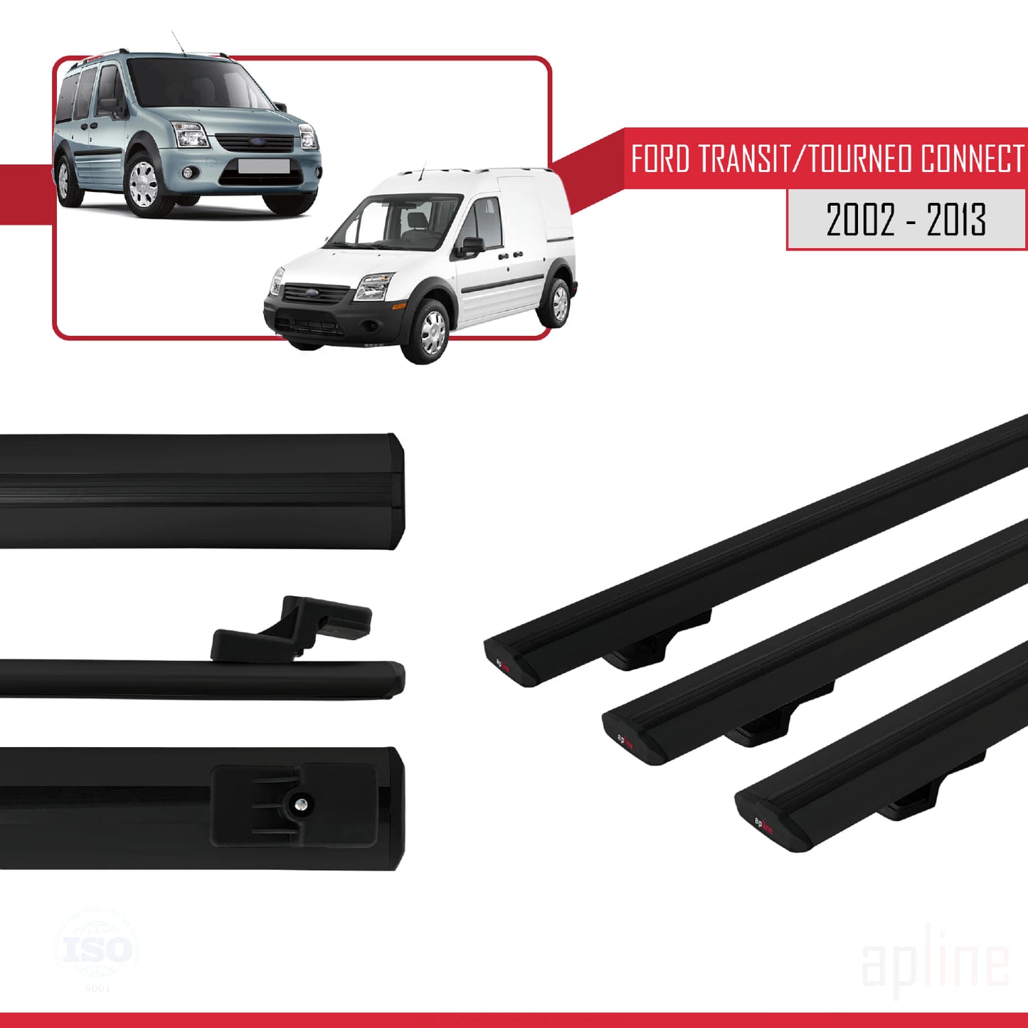 Compatibile con Ford Transit/Tourneo Connect modello BASIC 2002-2013 Barre portatutto per auto Portapacchi in alluminio nero 3 barre