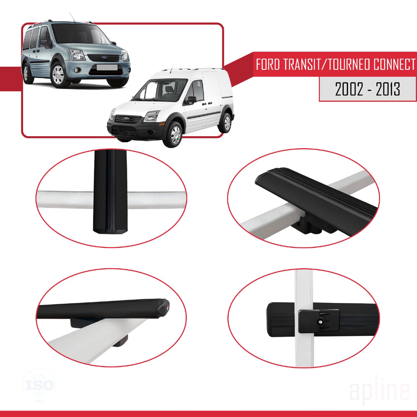 Compatibile con Ford Transit/Tourneo Connect modello BASIC 2002-2013 Barre portatutto per auto Portapacchi in alluminio nero 2 barre