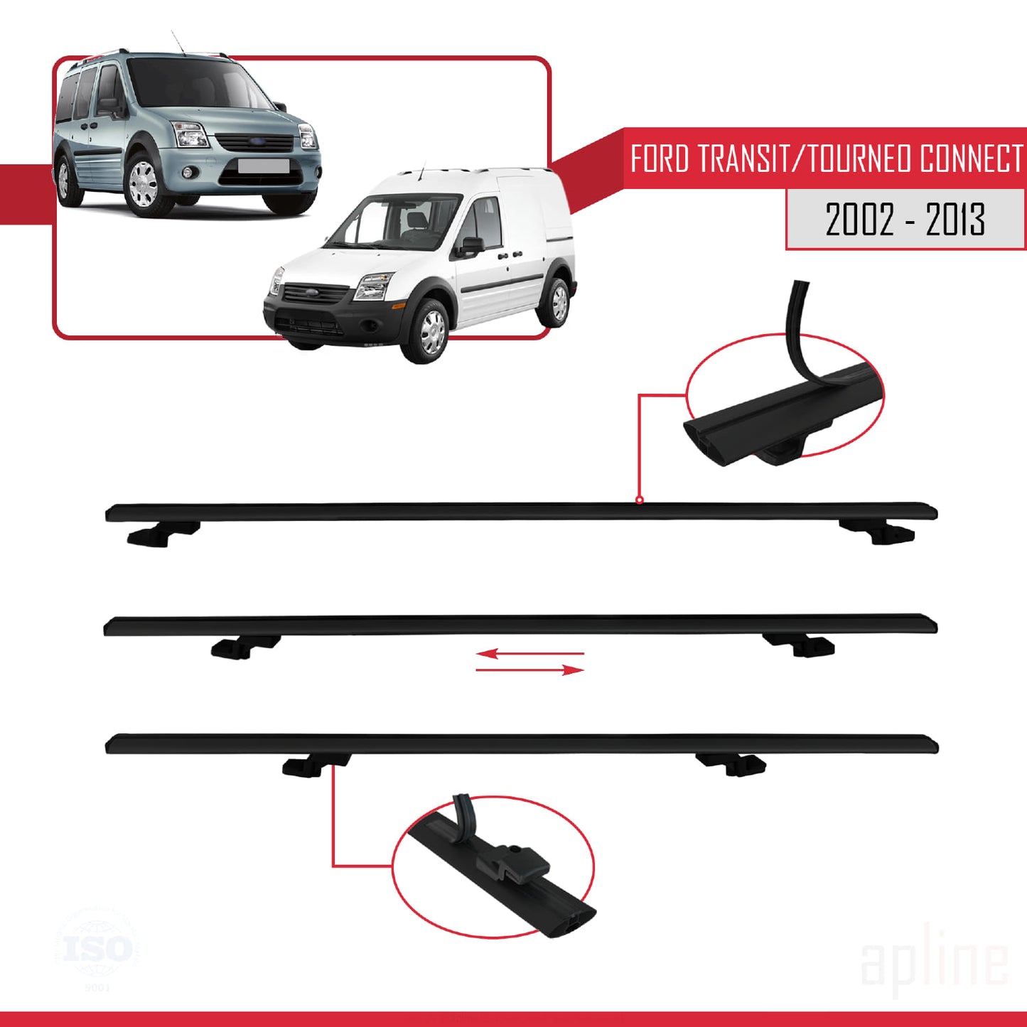 Compatibile con Ford Transit/Tourneo Connect modello BASIC 2002-2013 Barre portatutto per auto Portapacchi in alluminio nero 2 barre