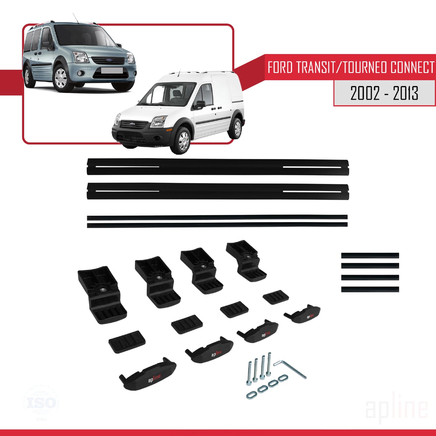 Compatibile con Ford Transit/Tourneo Connect modello BASIC 2002-2013 Barre portatutto per auto Portapacchi in alluminio nero 2 barre