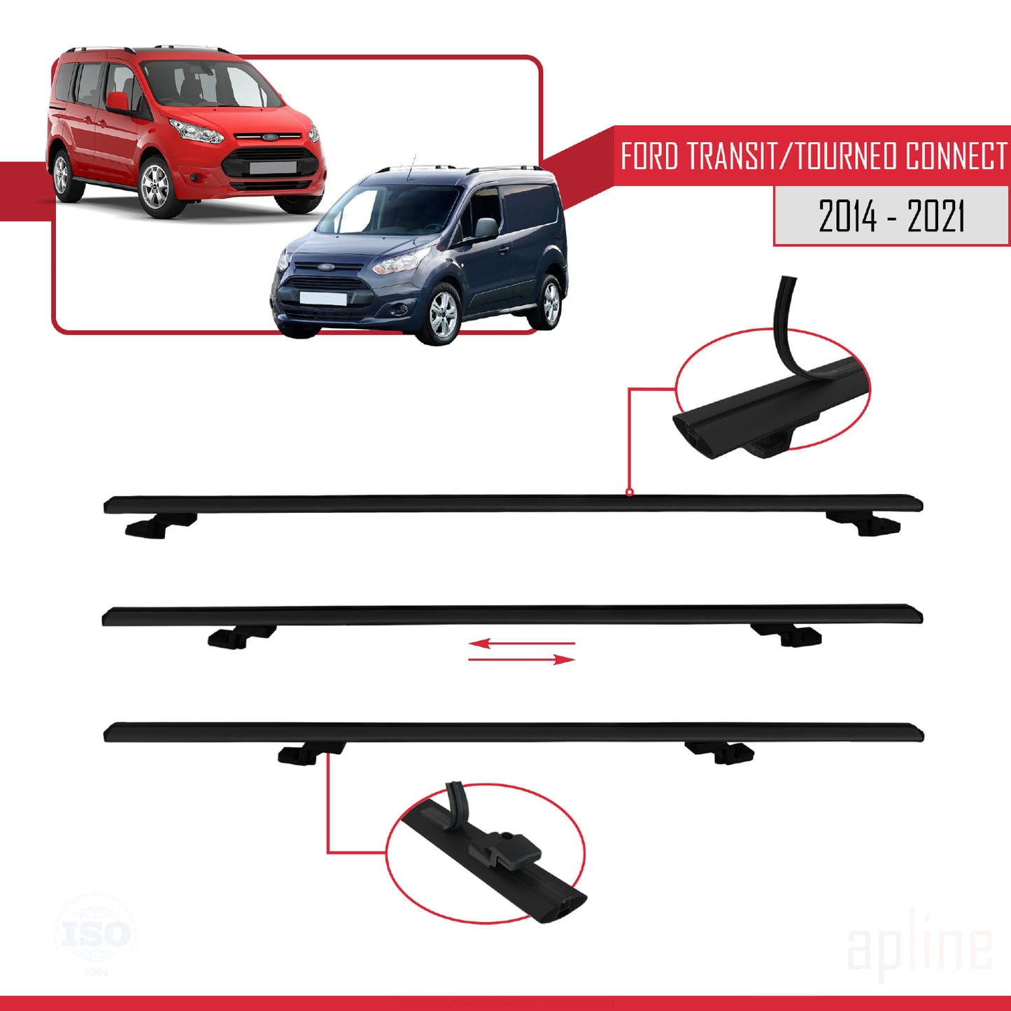Compatibile con Ford Transit/Tourneo Connect 2 2014-2021 modello BASIC Barre portatutto per auto Portapacchi in alluminio nero 2 barre