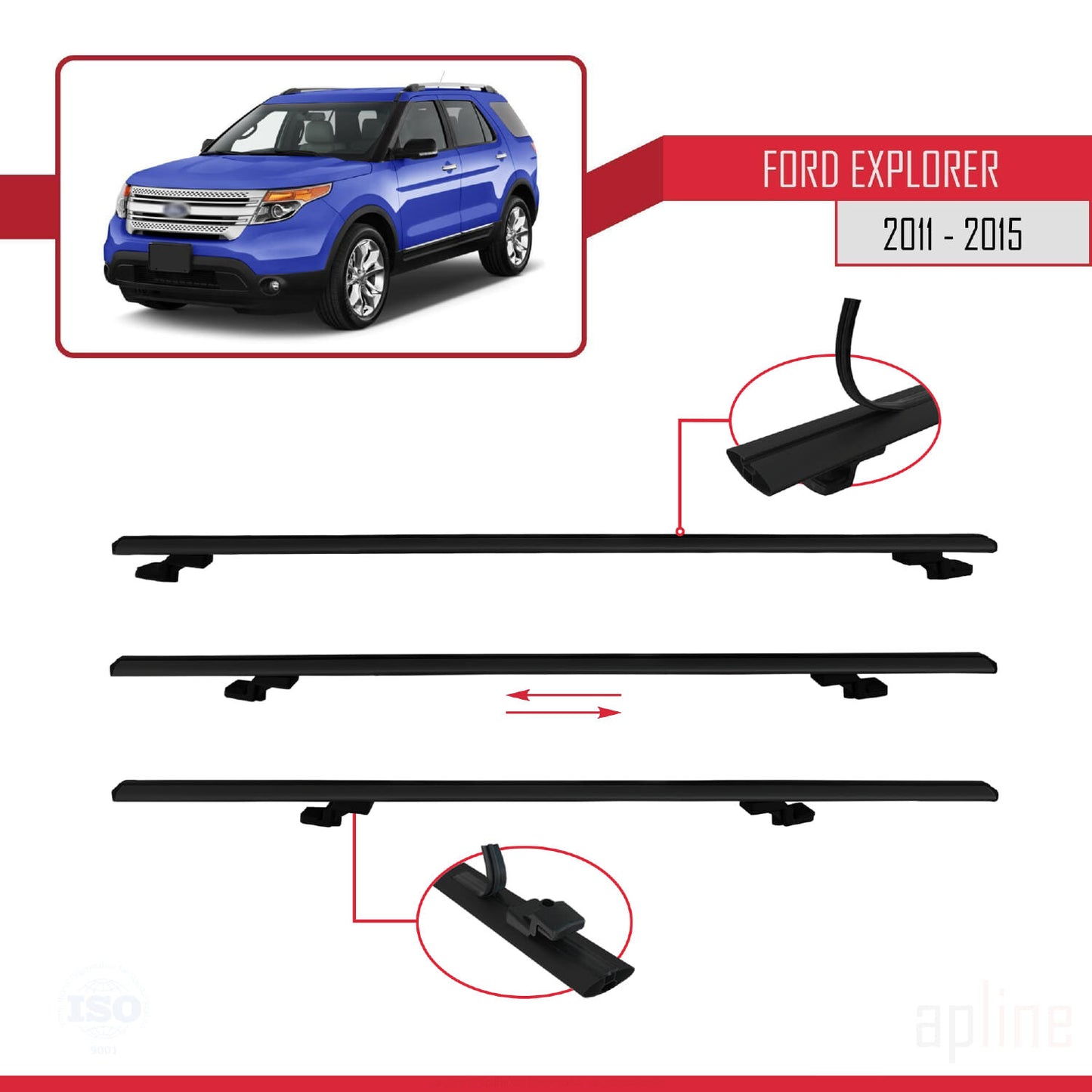 Compatibile con Ford Explorer 5 (U502) Pre-Facelift 2011-2015 Modello BASIC Barre portatutto per auto Portapacchi in alluminio nero 4 barre