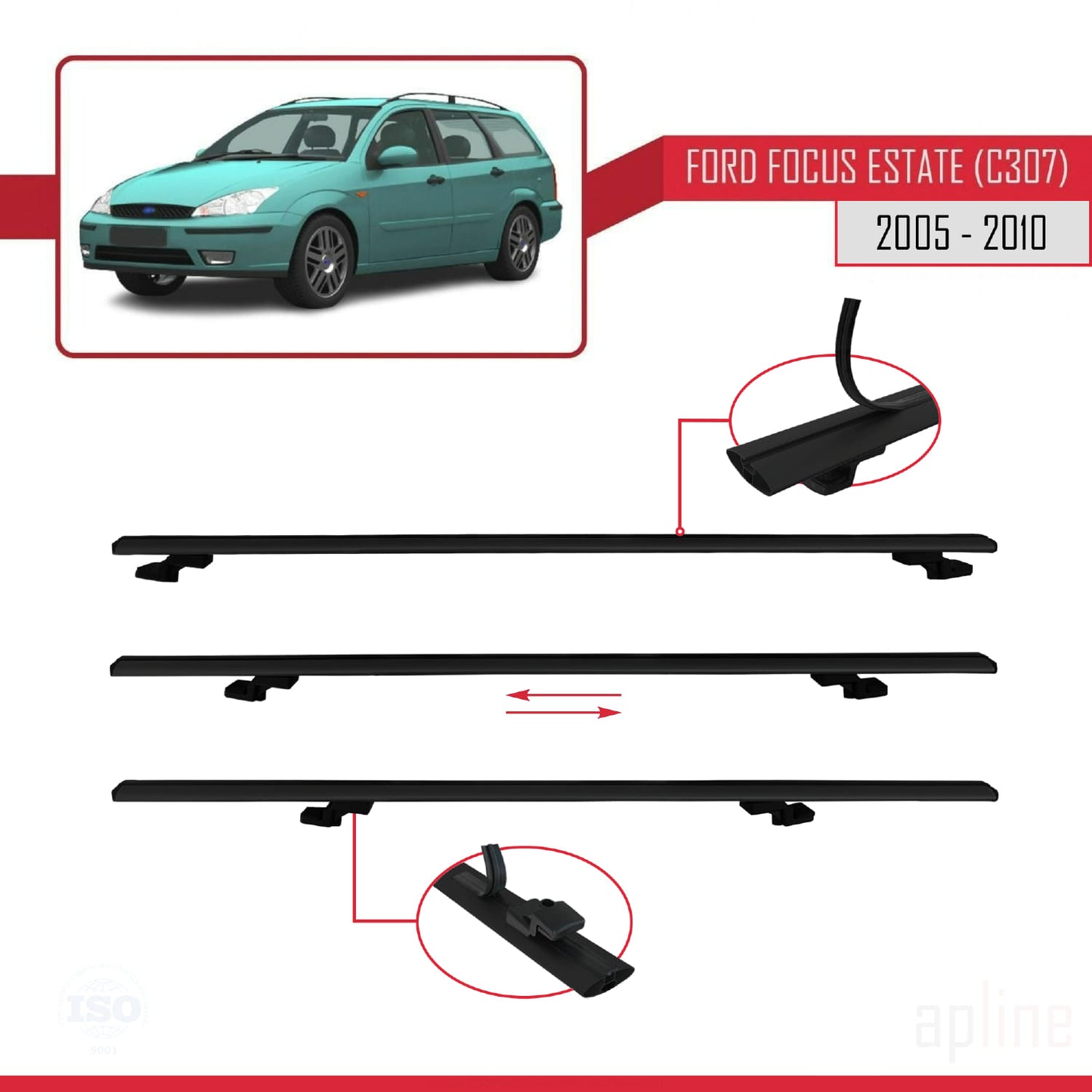 Compatibile con Ford Focus 2 (C307) Station Wagon 2005-2010 modello BASIC Barre portatutto per auto Portapacchi in alluminio nero 3 barre