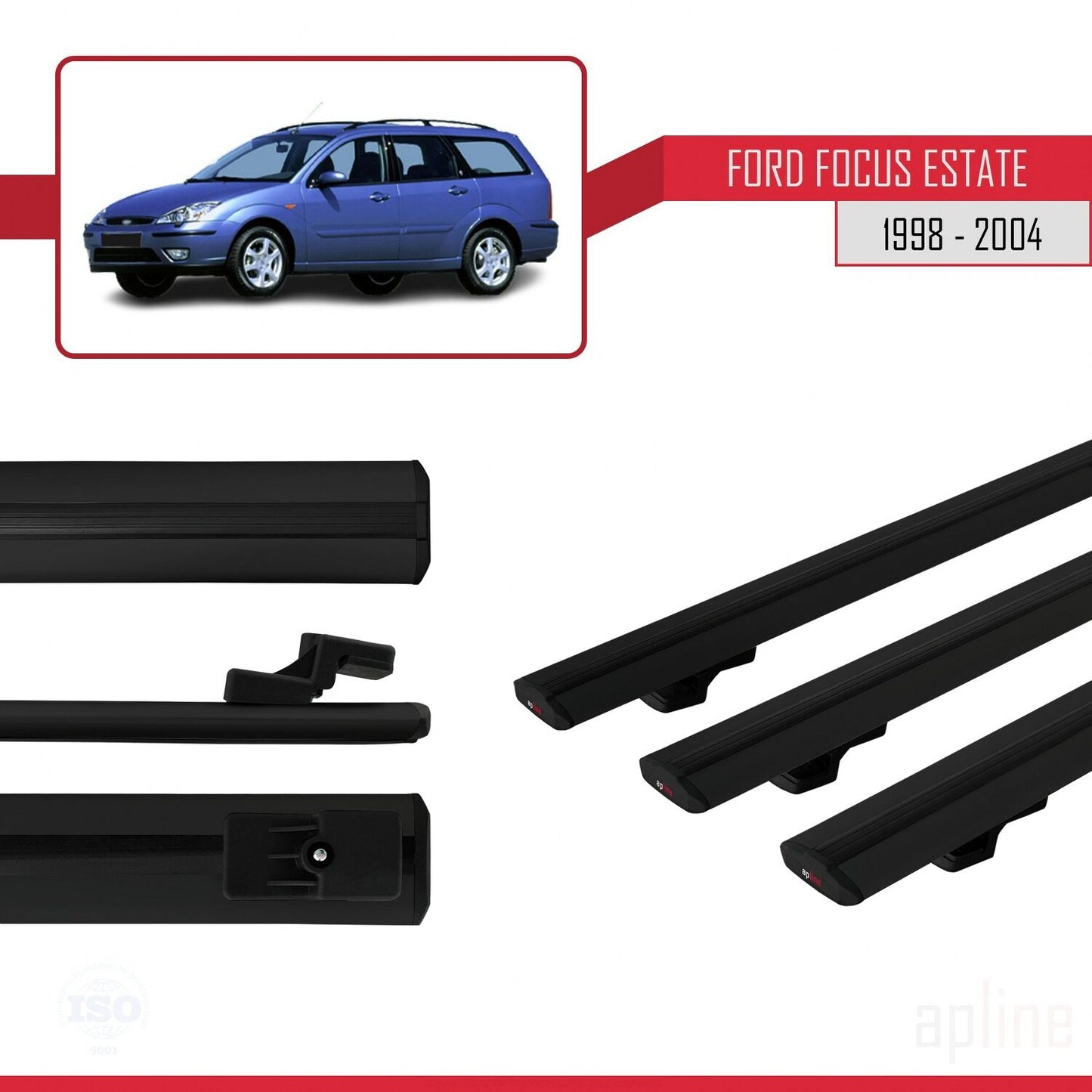 Compatible with Ford Focus (C170) SW 1998-2004 BASIC Model Car Roof Rack Cross Bar Black Aluminium 3 Bars
